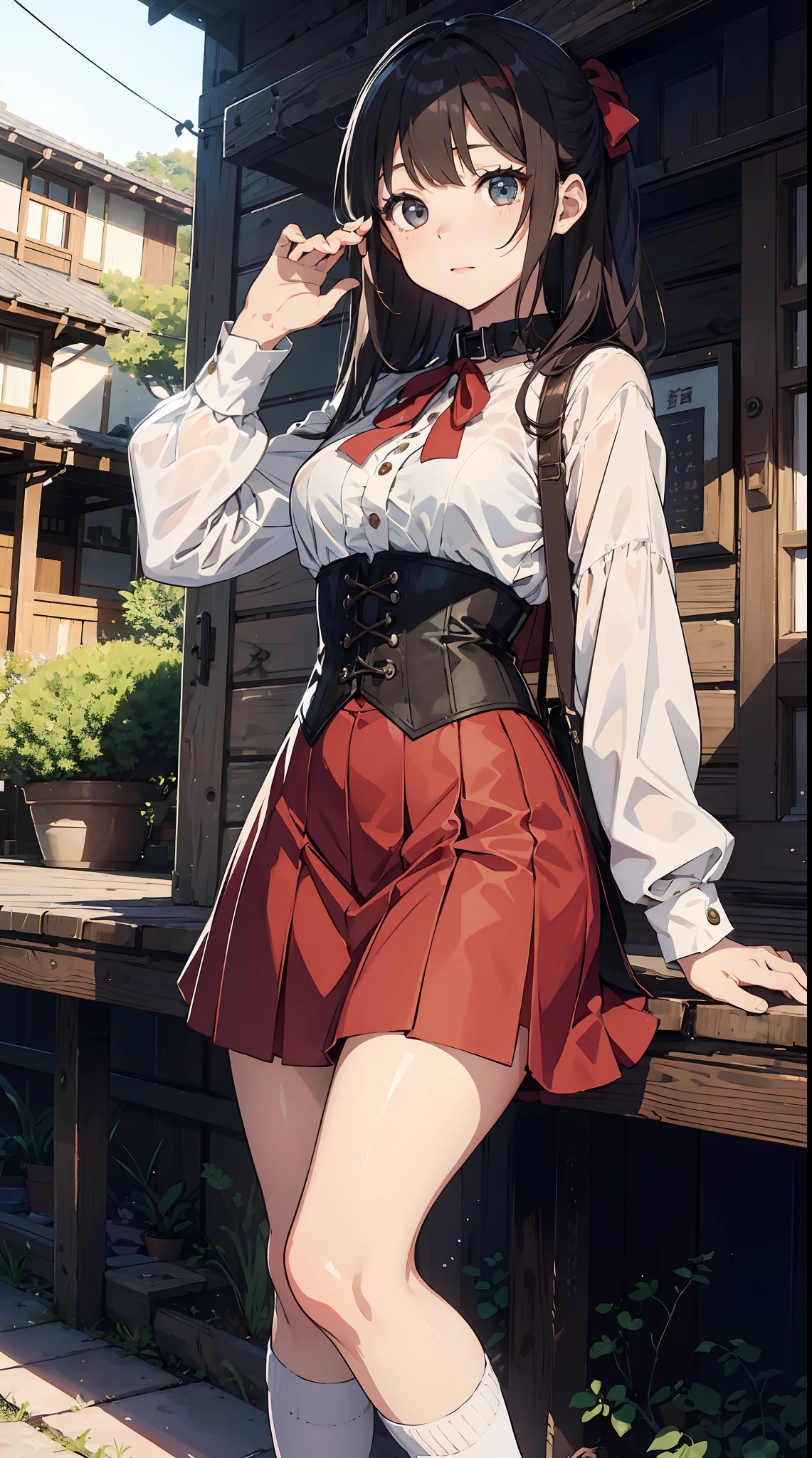 Super beautiful illustration、小柄、kawaii girl、complex、finely eye、Realistic skin texture、Outstanding looks、小柄、adolable、Smooth hair、Cute gesture、Mocking Pose、doress、long-sleeve、With collar、Long length skirt、corsets、Cute socks、cowboy  shot、outside of house、Beautiful park、Three-dimensional、Deep background、Well built building、