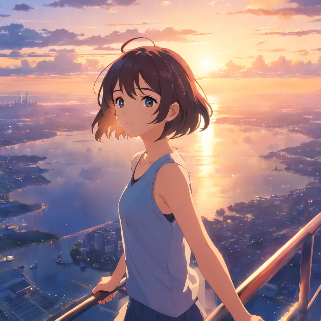 ​masterpiece、top-quality、Movie stills、1girl、Cloud Girl、floating in sky、a closeup、发光、happiness、Warm soft lighting、the setting sun、(Spark:0.7)、Live Action、a picture