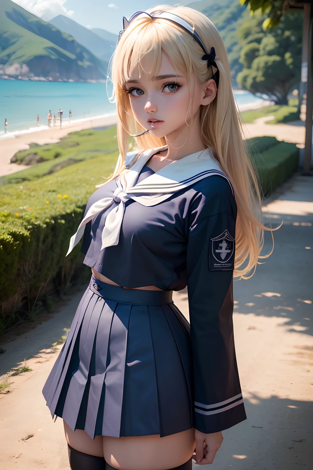 Mulher blonde, melhor qualidade, super detalhado, rosto bonito e detalhado, detalhes intrincados, flat heart, profundidade de campo, contorno, over all view, camera far away, garota, Afastando-se, adolescente, anime, Comprimento total, visible at all times, postura ampla, (pernas bem afastadas:1.4), Looking at the Viewer, Natureza, (louro:1.6), (Japanese sailor's school uniform, Marinheiro Fuku, Serafuku, Traje de marinheiro da escola japonesa, saia plissada darkblue:1.27), (de baixo, fio dental branco, virilha:1.24), Telhado da cidade ao amanhecer, decote mergulhante, black tights, Textura de couro detalhada, textura detalhada do tecido,(obra-prima, melhor qualidade:1.2),