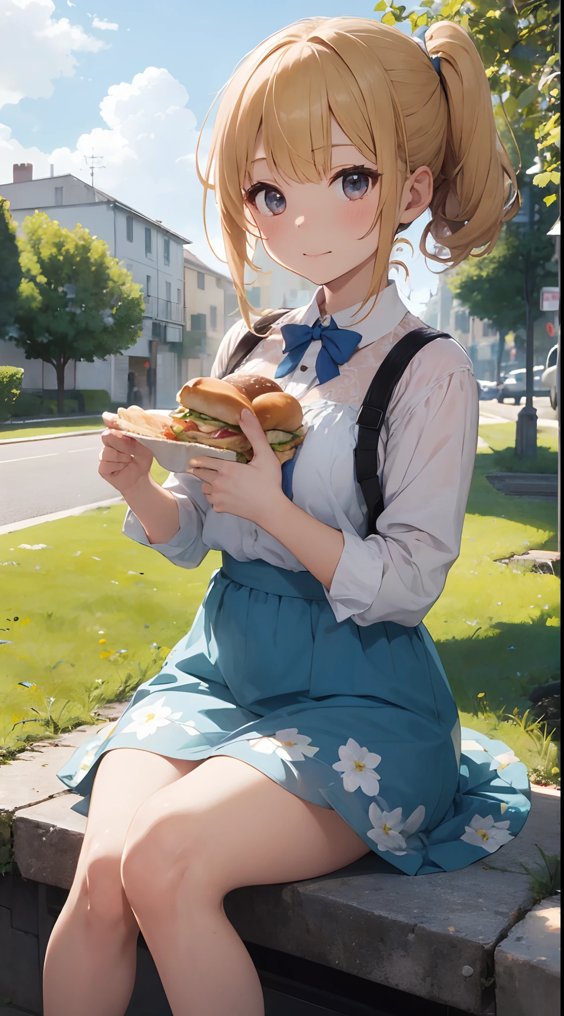 sandwich:Bread with white bread、Ingredients are ham, cheese, lettuce and tomatoes、It is topped with mayonnaise and mustard。The sandwich is cut and、Cross-section is visible。The sandwich is on the plate.、Served with napkins, forks and knives。 girl with:Her hair is blonde and long.、Braided。The face is round and cute。Clothes in white and blue dresses、Has a floral pattern。Shoes in white sandals、Ribbons are attached to the ankles。The girl is sitting、I have a sandwich in my hand.、Eating happily。 scene:There is a beautiful scene floating in the background.、Blue sky, white clouds, green meadow and colorful flowers。The scene is softly painted like a watercolor painting.、It has a dreamy atmosphere。The scene expresses the imagination and sensibility of the girl、Pubic hair shows through、(Beautiful bare pubic hair) ,more_Details:1.5, (More and more_Details:1.9)、