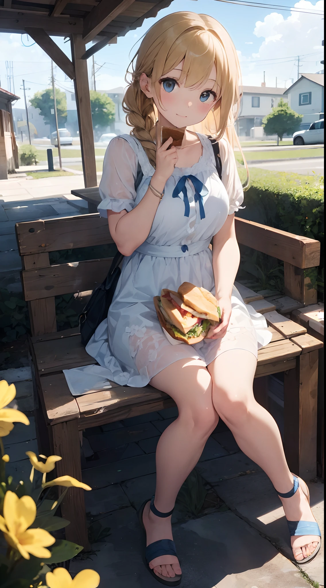 sandwich:Bread with white bread、Ingredients are ham, cheese, lettuce and tomatoes、It is topped with mayonnaise and mustard。The sandwich is cut and、Cross-section is visible。The sandwich is on the plate.、Served with napkins, forks and knives。 girl with:Her hair is blonde and long.、Braided。The face is round and cute。Clothes in white and blue dresses、Has a floral pattern。Shoes in white sandals、Ribbons are attached to the ankles。The girl is sitting、I have a sandwich in my hand.、Eating happily。 scene:There is a beautiful scene floating in the background.、Blue sky, white clouds, green meadow and colorful flowers。The scene is softly painted like a watercolor painting.、It has a dreamy atmosphere。The scene expresses the imagination and sensibility of the girl、Pubic hair shows through、(Beautiful bare pubic hair) ,more_Details:1.5, (More and more_Details:1.9)、