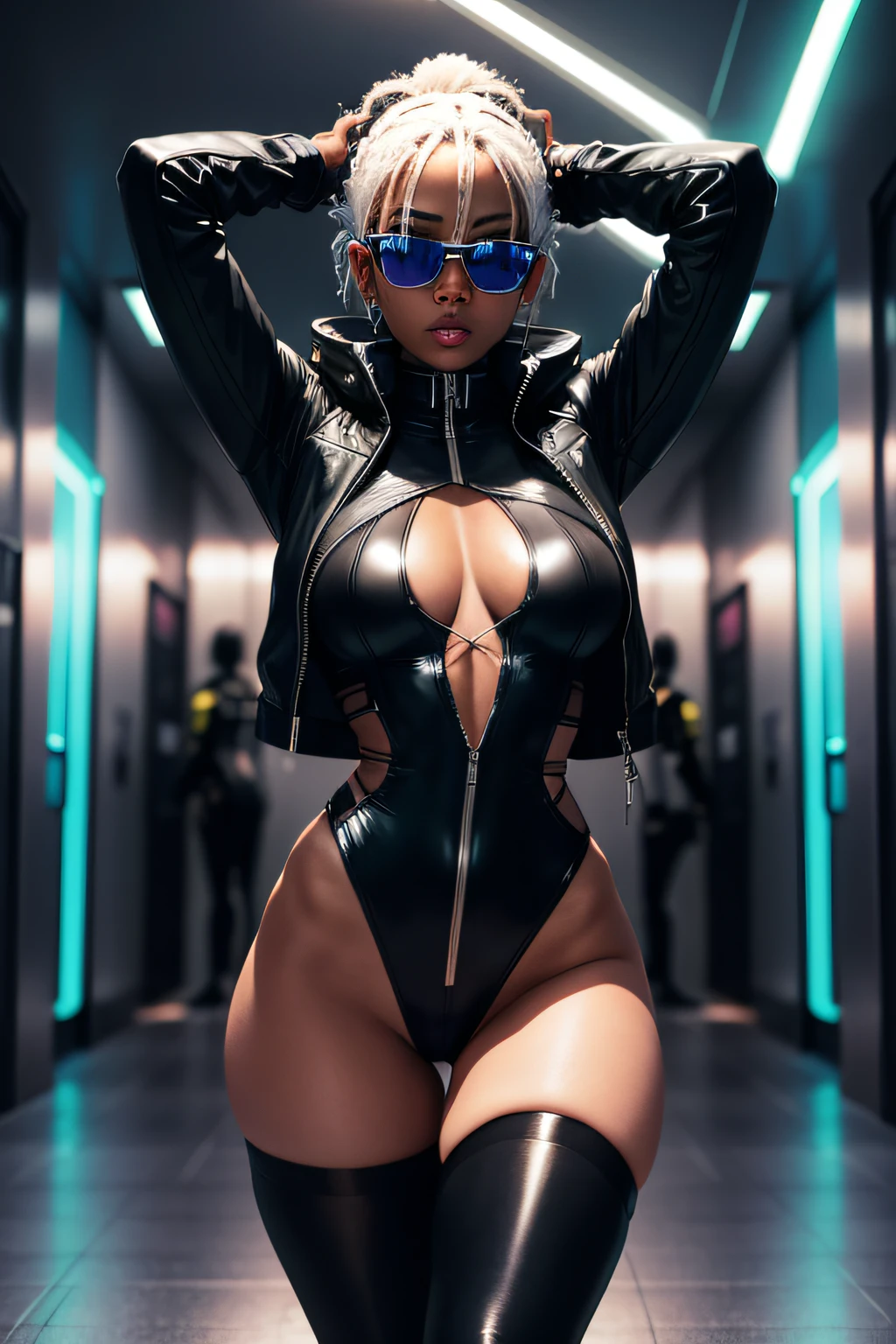 Toned black woman seethru white leotard and cyberpunk jacket , wrap around silver sunglasses, pantyhose. Arms raised behind head pushing chest out and standing in hallway with neon lights