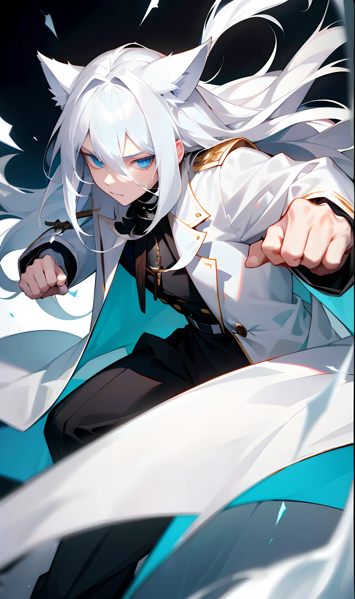 Boy with long thick white hair with wolf ears on his white head and white wolf syrup while his white overcoat and part of his black blouse is torn and has ice around him as he holds a katana with his left hand and his totally blue eyes