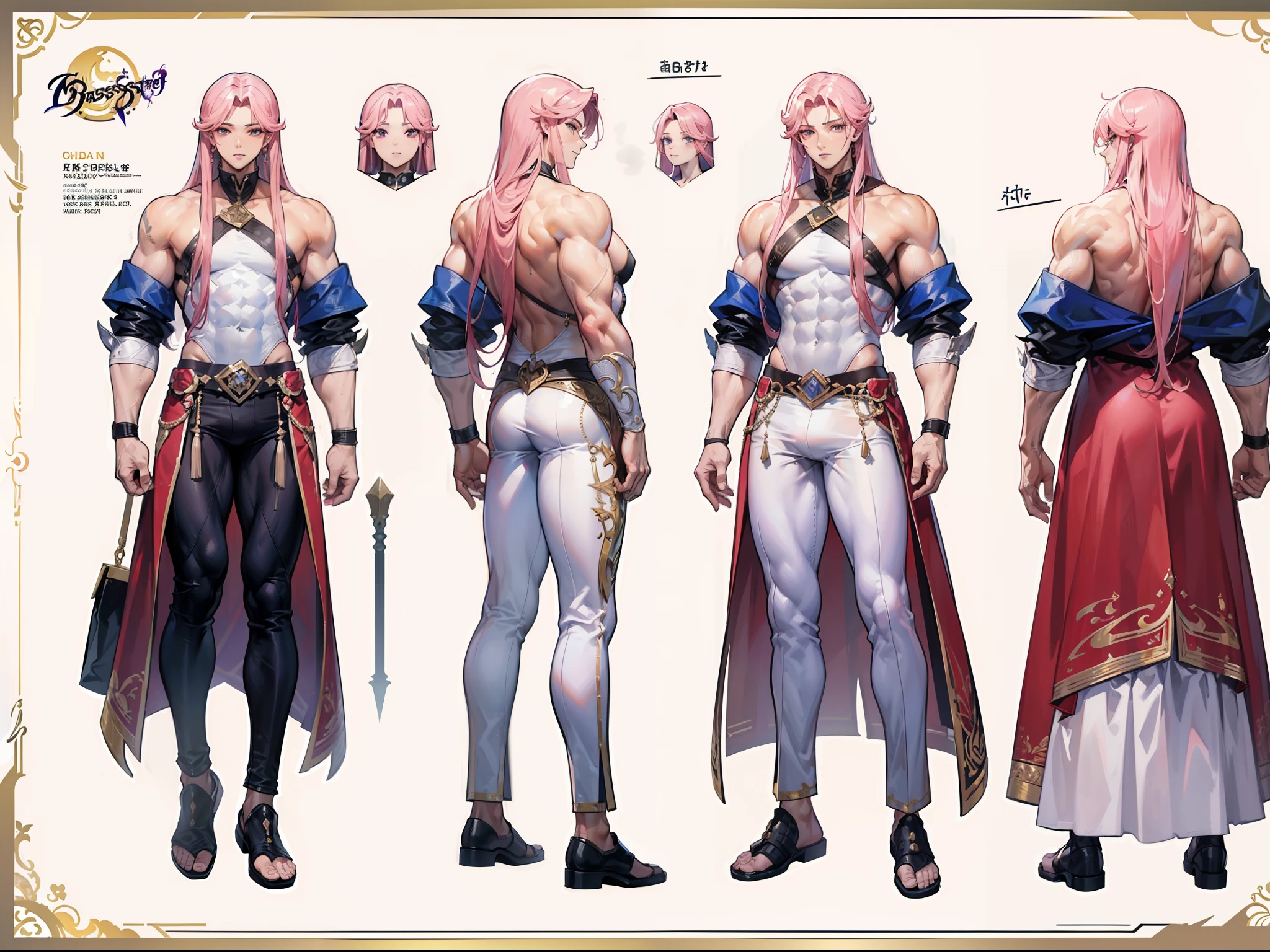 ((Masterpiece, Highest quality)), Detailed face, character design sheet, full bodyesbian, Full of details, frontal body view, back body view, Highly detailed, Depth, Many parts, Muscle boy with long pink hair,handsome man, muscle body, white outfit male gods, man tall