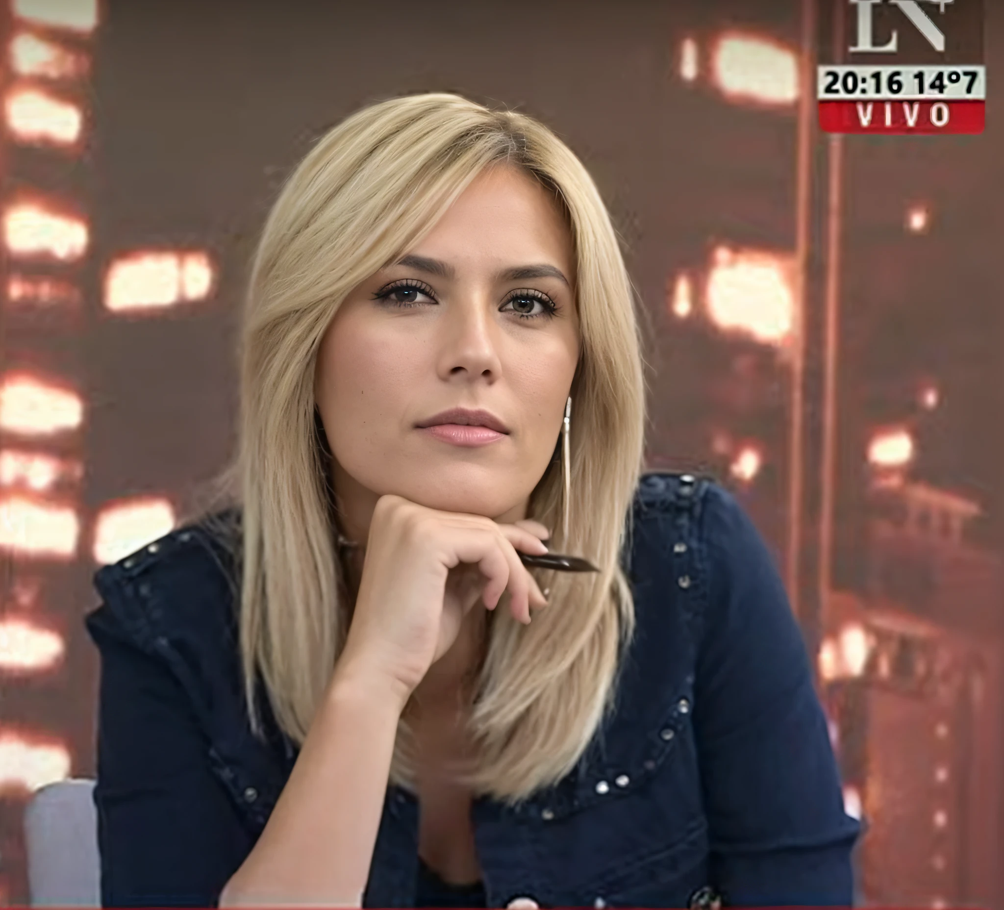 a 30-year-old woman sitting with her hand on her chin, cabelos longos lisos loira, olhos castanhos esverdeados, (olhos bem delineados), Carola Rubio, Andou na escola chatzipanagiotou, Adriana DXIM, Lorena Avarez, capturar, ástor alexander, Temporary image of Giorgia Meloni, Caroline Gariba, fernanda suarez, Valentina Embaralhamento, Yelena Belova, TVN, Derevschikova, imagem melhor qualidade, photo-realistic, 8k, high resolution, pele detalhada, 8k UHD, DSLR, rosto bem iluminado, alta qualidade, filmic grain, Fujifilm XT3