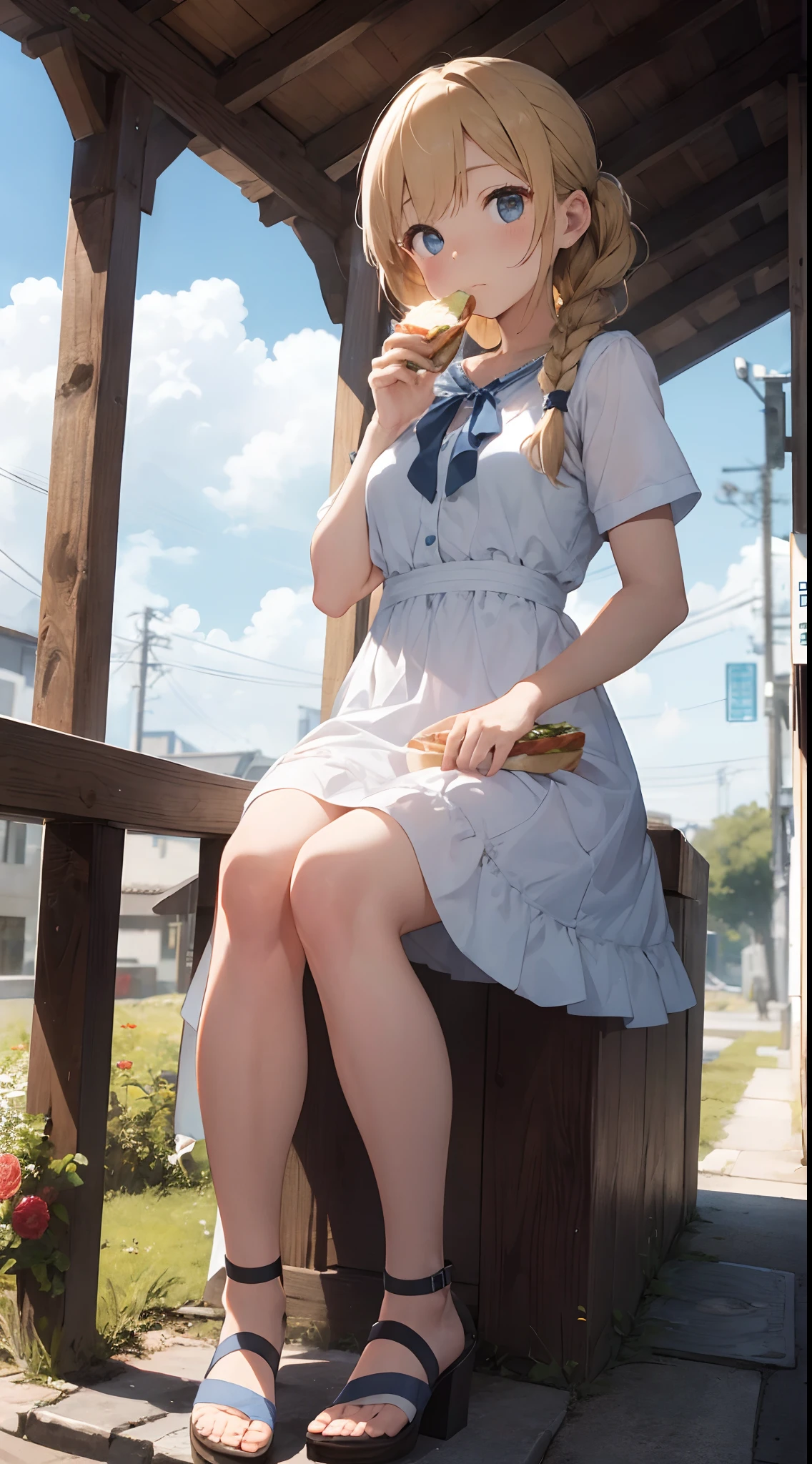 sandwich:Bread with white bread、Ingredients are ham, cheese, lettuce and tomatoes、It is topped with mayonnaise and mustard。The sandwich is cut and、Cross-section is visible。The sandwich is on the plate.、Served with napkins, forks and knives。
girl with:Her hair is blonde and long.、Braided。The face is round and cute。Clothes in white and blue dresses、Has a floral pattern。Shoes in white sandals、Ribbons are attached to the ankles。The girl is sitting、I have a sandwich in my hand.、Eating happily。
scene:There is a beautiful scene floating in the background.、Blue sky, white clouds, green meadow and colorful flowers。The scene is softly painted like a watercolor painting.、It has a dreamy atmosphere。The scene expresses the imagination and sensibility of the girl