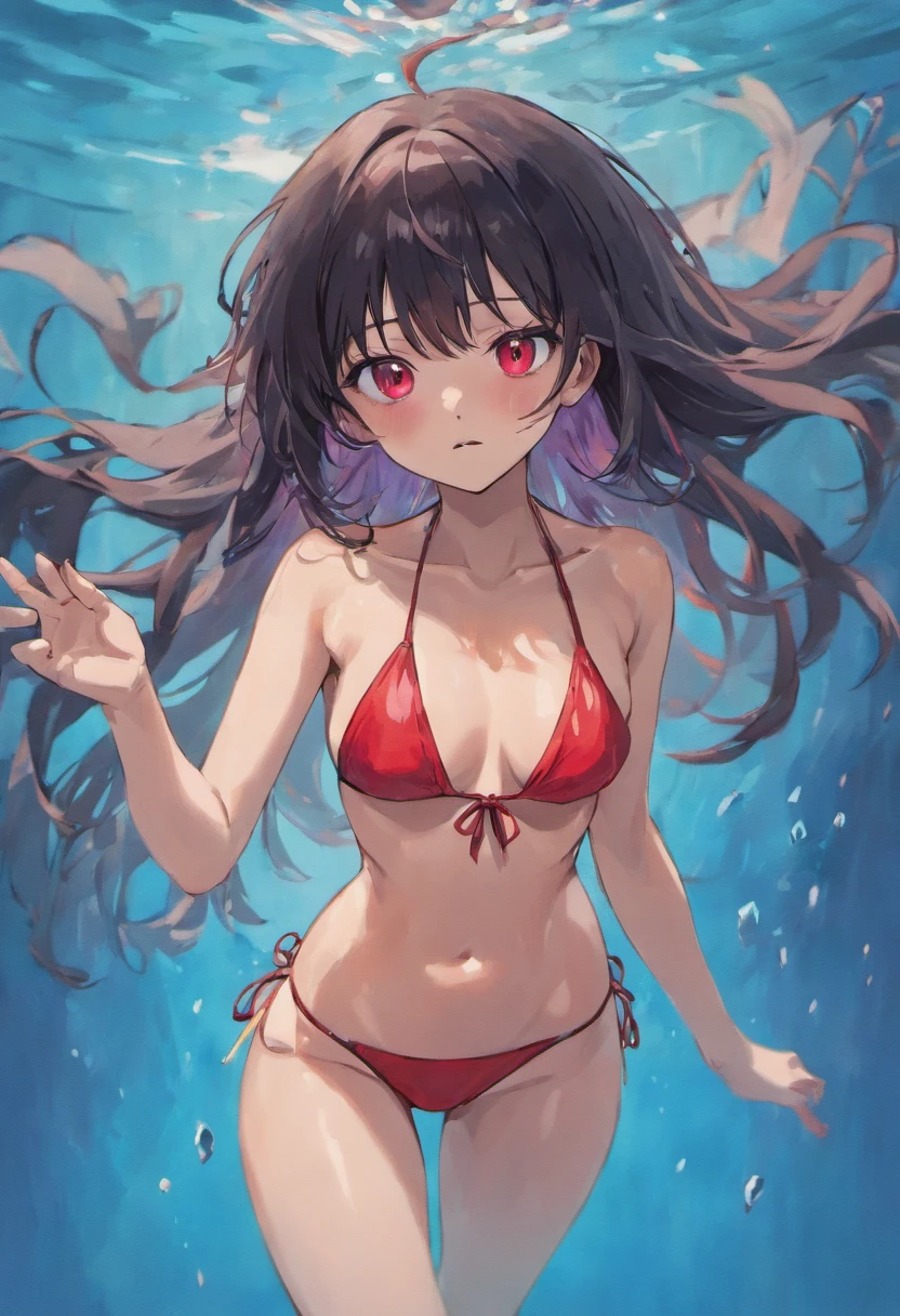 Swim gracefully Beautiful woman in bikini with black hair Red eyes