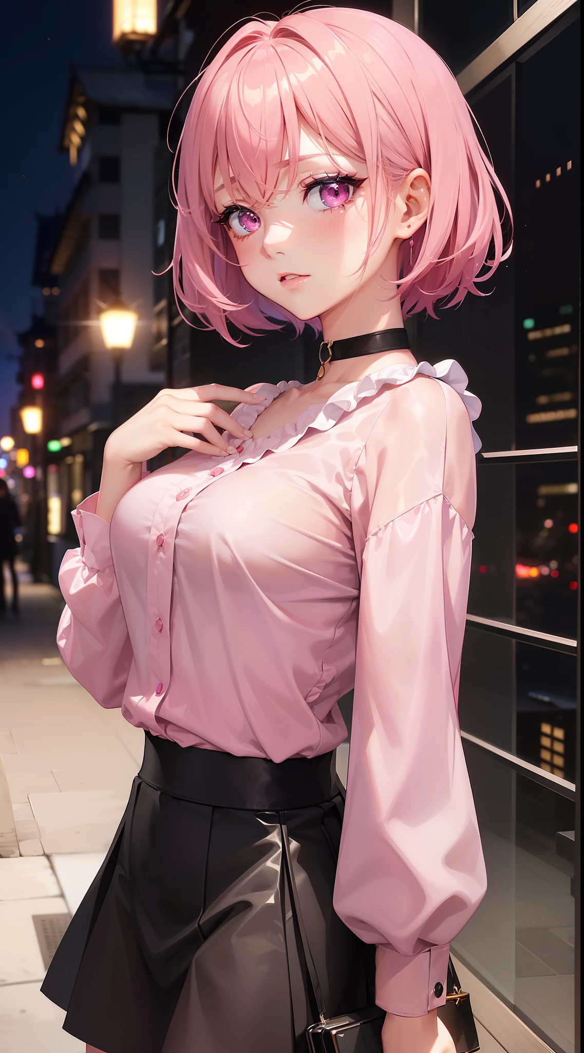 animesque、(masterpiece:1.3), The ultra -The high-definition, (max resolution: 1.2), (UltraHD: 1.2), cinematric light, (Sharp Focus: 1.2)、1人の女性、 20yr old、Detailed eyes and skin, detailed facial features, 二重まぶた、Perfect Style, Beautiful face, acurate, Anatomically correct body、Well-organized style、Detailed eyes, Thin eyebrows, Detailed hair strands、Natural cheeks, shinny skin, Fair skin、(Glitter Eyeliner: 1.2)、full body Esbian、PINK SHIRT、frill shirt、(Fashionable pink shirt and black skirt:1.3)、Detailed eyes and mouth、Moist eyes、Glossy lips、short-cut、Black eyes、a choker、Lustrous skin、Very white skin、Slim body、Beautiful thighs、Gentle face、blushed face、nightcity、Shooting from above、The theme is「City of beauty and night」、detailed city、neons、8K、large filesize、