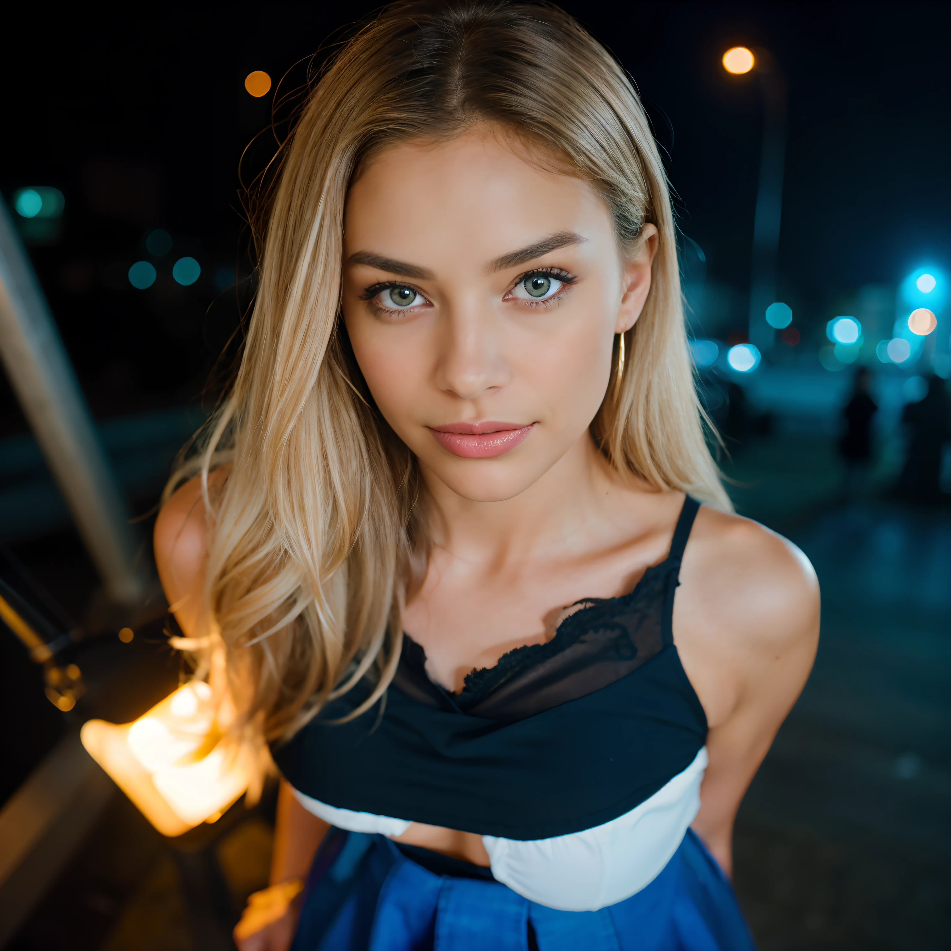 instagram photo, closeup face photo of 18 y.o swedish woman in showing boobs nails, beautiful face, makeup, night city street, bokeh, motion blur