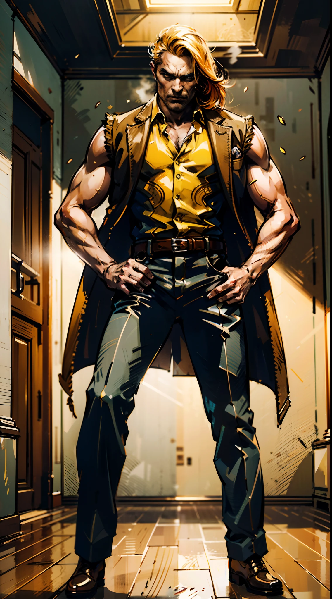 A man with long orange-yellow hair, neatly combed back, leaving a long tuft of bangs, he has slender eyebrows, sharp and intelligent eyes, his face is elongated and lean, he wears a dark Western-style fitted suit, a sleeveless long overcoat on top, a belt wraps around his waist, he wears loose trousers, stands in a luxurious Chinese-style hall, displaying a dignified expression, exuding a powerful aura, emanating a radiant fighting spirit, this character embodies a finely crafted fusion of Eastern and Western influences in a wise and sophisticated in anime style, characterized by a sophisticated and mature manga illustration art style, full body character drawing, high definition, best quality, highres, ultra-detailed, ultra-fine painting, extremely delicate, professional, anatomically correct, symmetrical face, extremely detailed eyes and face, high quality eyes, creativity, RAW photo, UHD, 8k, Natural light, cinematic lighting, masterpiece:1.5