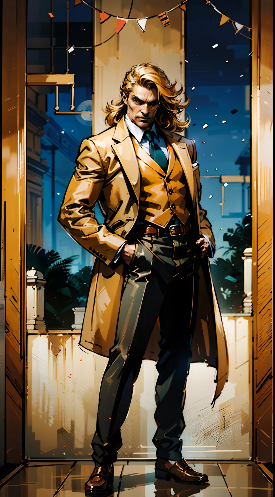A man with long orange-yellow hair, neatly combed back, leaving a long tuft of bangs, he has slender eyebrows, sharp and intelligent eyes, his face is elongated and lean, he wears a dark Western-style fitted suit, a sleeveless long overcoat on top, a belt wraps around his waist, he wears loose trousers, stands in a luxurious Chinese-style hall, displaying a dignified expression, exuding a powerful aura, emanating a radiant fighting spirit, this character embodies a finely crafted fusion of Eastern and Western influences in a wise and sophisticated in anime style, characterized by a sophisticated and mature manga illustration art style, full body character drawing, high definition, best quality, highres, ultra-detailed, ultra-fine painting, extremely delicate, professional, anatomically correct, symmetrical face, extremely detailed eyes and face, high quality eyes, creativity, RAW photo, UHD, 8k, Natural light, cinematic lighting, masterpiece:1.5