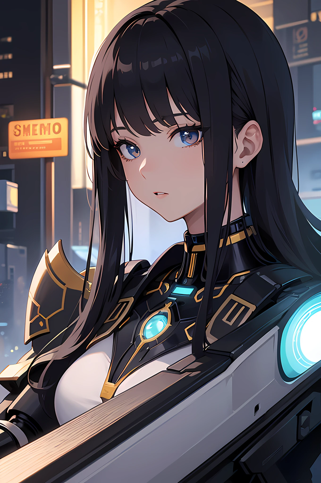best quality ,masterpiece, illustration, an extremely delicate and beautiful, extremely detailed ,CG ,unity ,8k wallpaper, Amazing, finely detail, masterpiece,best quality,official art,extremely detailed CG unity 8k wallpaper,absurdres, incredibly absurdres, ultra-detailed, highres, extremely detailed,beautiful detailed girl,light on face, 1girl, mecha, armor, mechanical_body, black hair,  spaceship, city, cyberpunk, star_sky,