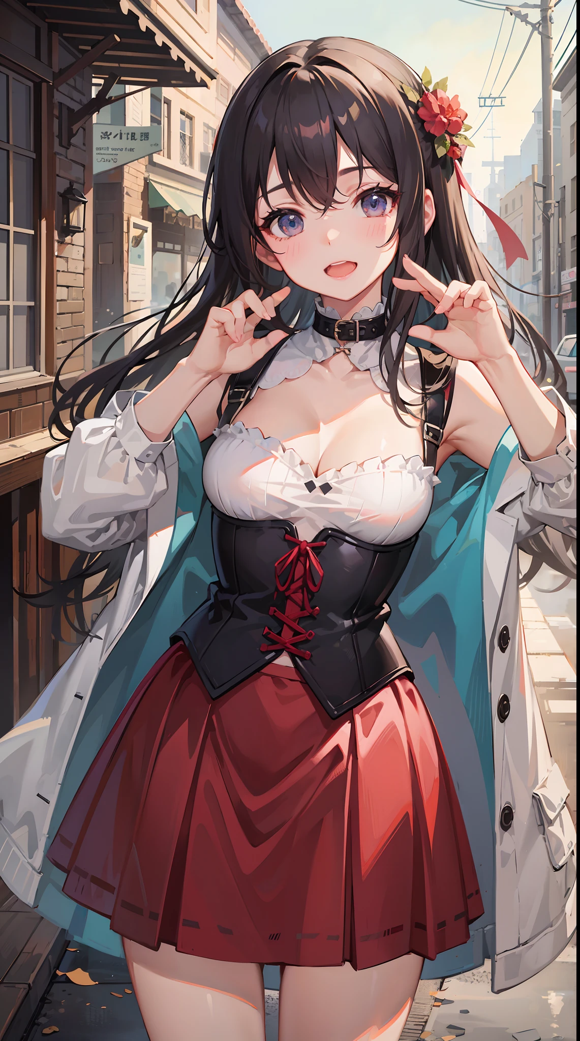 Super beautiful illustration、小柄、kawaii girl、complex、finely eye、Realistic skin texture、Outstanding looks、小柄、adolable、Smooth hair、Cute gesture、Mocking Pose、doress、long-sleeve、With collar、Long length skirt、corsets、Cute socks、cowboy shot、outside of house、Beautiful park、Three-dimensional、Deep background、Well built building、