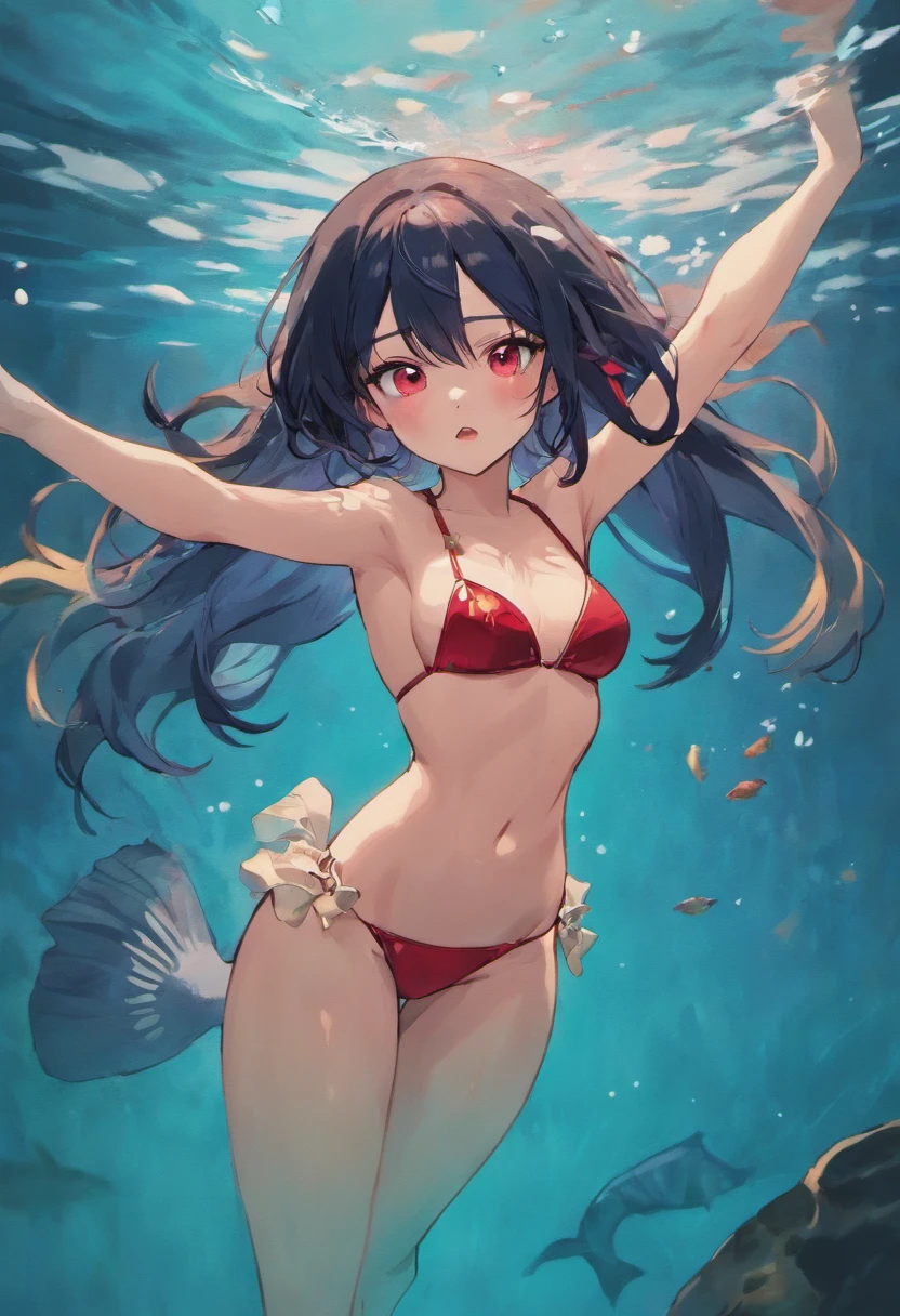 Swim gracefully Beautiful mermaid in bikini with black hair Red Eyes
