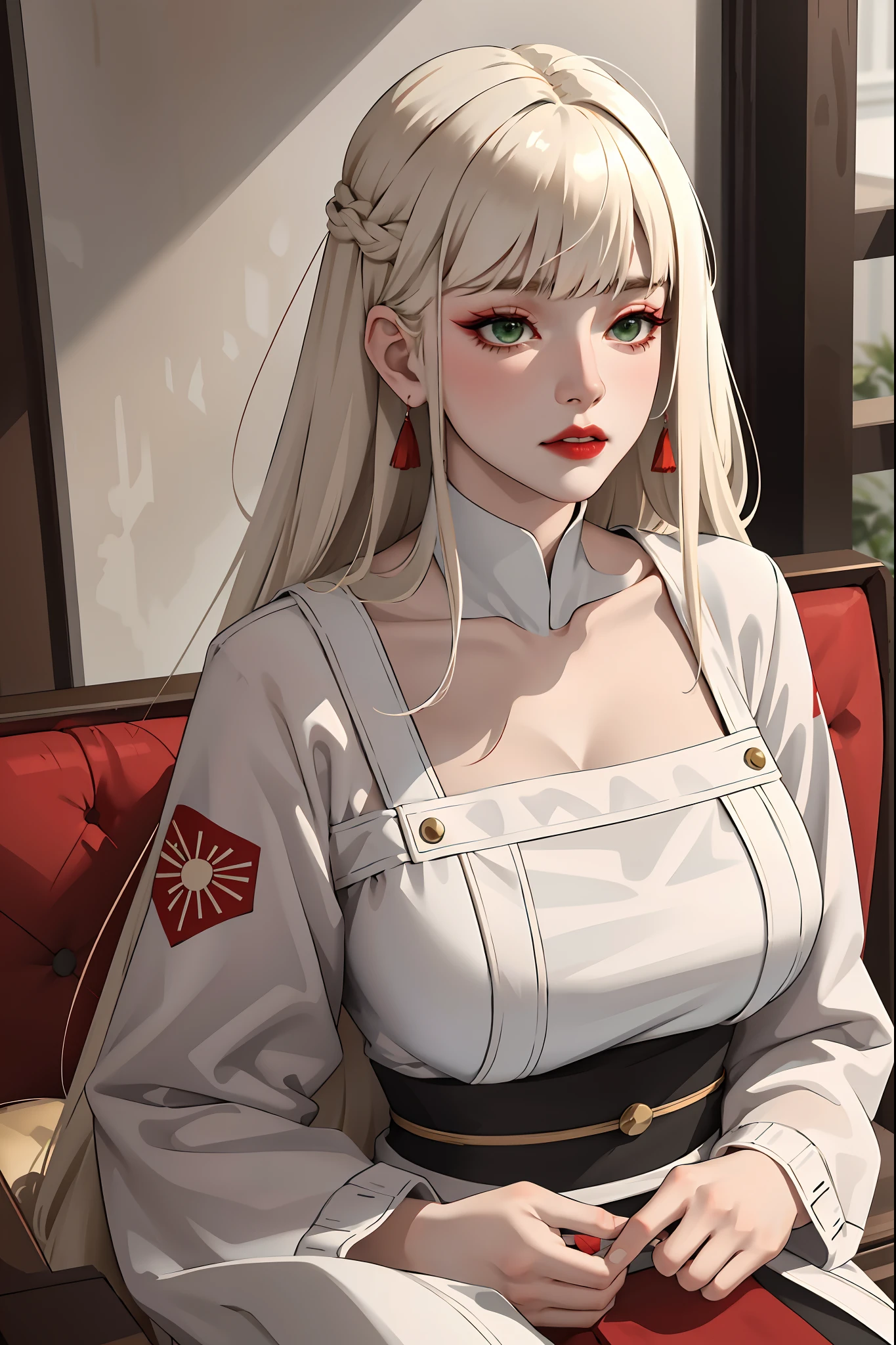 (masterpiece:1.2, best quality), (real picture, intricate details), 1lady, solo, upper body, casual, long hair, heavy makeup, white face painted, painted white face, red lipstick, red eyeshadow, natural fabrics, close-up face, serious, warrior, female warrior, armour, female warrior armour, Japanese armour, japanese warrior clothing, really long light platinum blonde hair, bangs, platinum blonde voluminous hair, green eyes, big breasts, big tits, bangs on forehead, Korean bangs, cute bangs, mature face, 1adult, 1 female, 1 woman