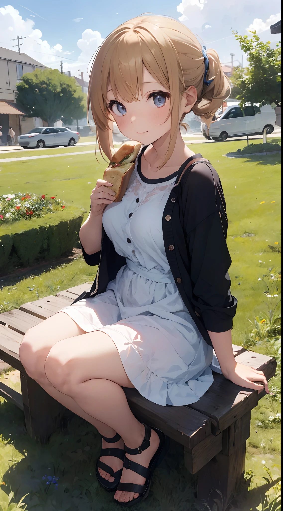 sandwich:Bread with white bread、Ingredients are ham, cheese, lettuce and tomatoes、It is topped with mayonnaise and mustard。The sandwich is cut and、Cross-section is visible。The sandwich is on the plate.、Served with napkins, forks and knives。
girl with:Her hair is blonde and long.、Braided。The face is round and cute。Clothes in white and blue dresses、Has a floral pattern。Shoes in white sandals、Ribbons are attached to the ankles。The girl is sitting、I have a sandwich in my hand.、Eating happily。
scene:There is a beautiful scene floating in the background.、Blue sky, white clouds, green meadow and colorful flowers。The scene is softly painted like a watercolor painting.、It has a dreamy atmosphere。The scene expresses the imagination and sensibility of the girl、Pubic hair shows through、(Beautiful bare pubic hair) ,more_Details:1.5, (More and more_Details:1.9)、