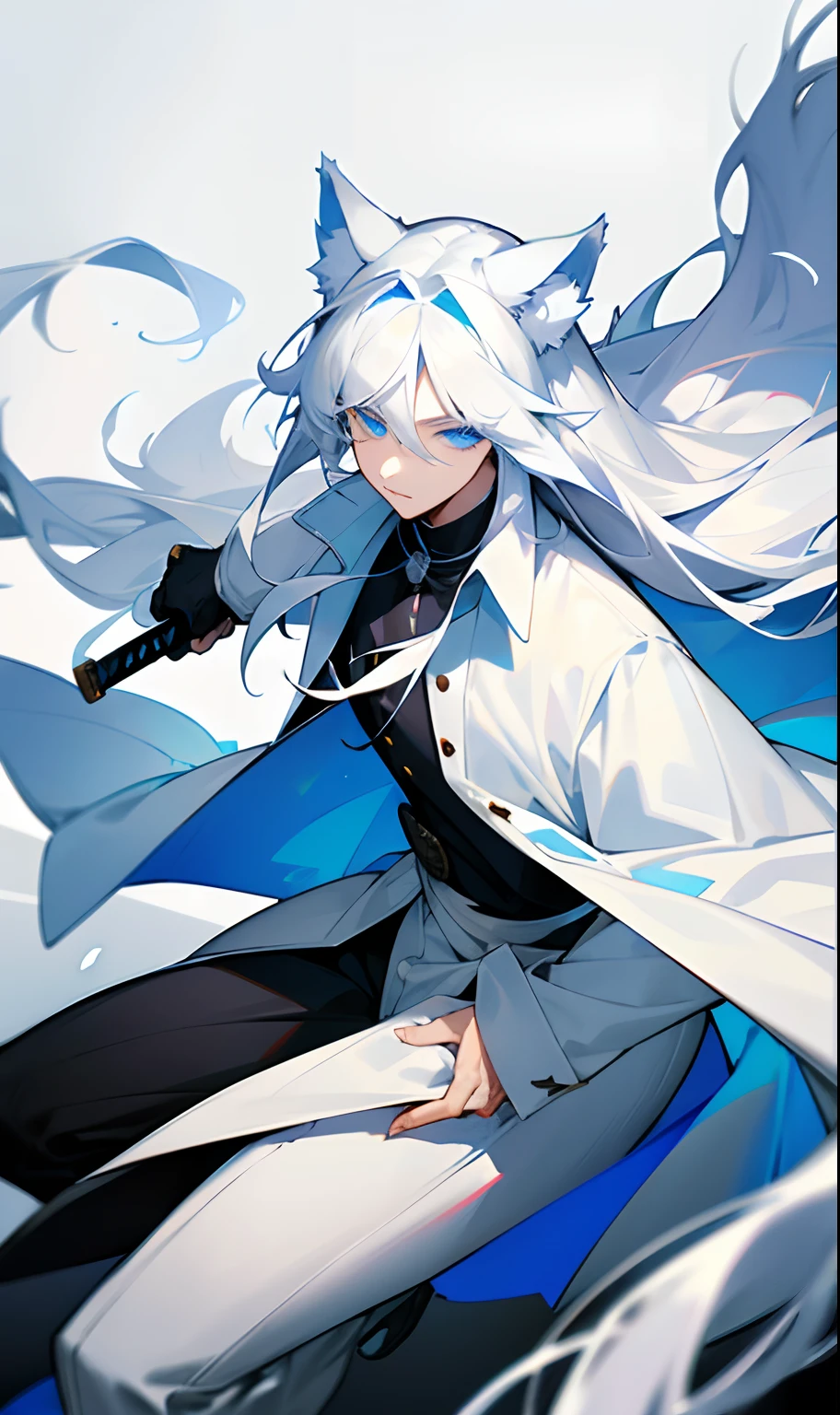 Boy with thick long white hair with wolf ears on his white head and white wolf syrup while and is wearing a white overcoat and a black blouse underneath and has ice around him while he is holding his katana with his left hand and his totally blue eyes