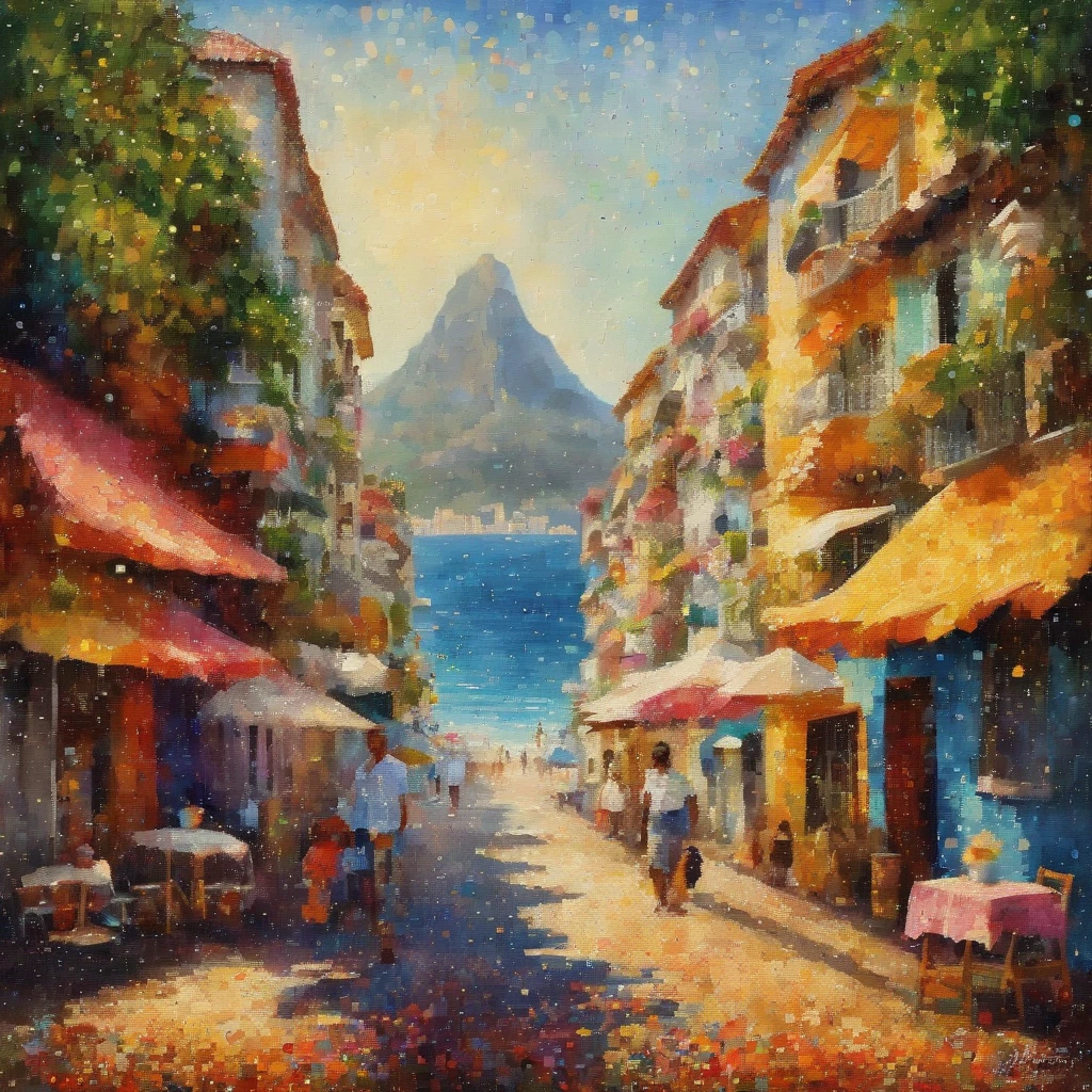 Foco suave, Aquarela gradiente brilhante, sonhador, fundo branco, garota, cafes, Praia de Copacabana, Sugar Loaf, corcovado, Favela no Morro.