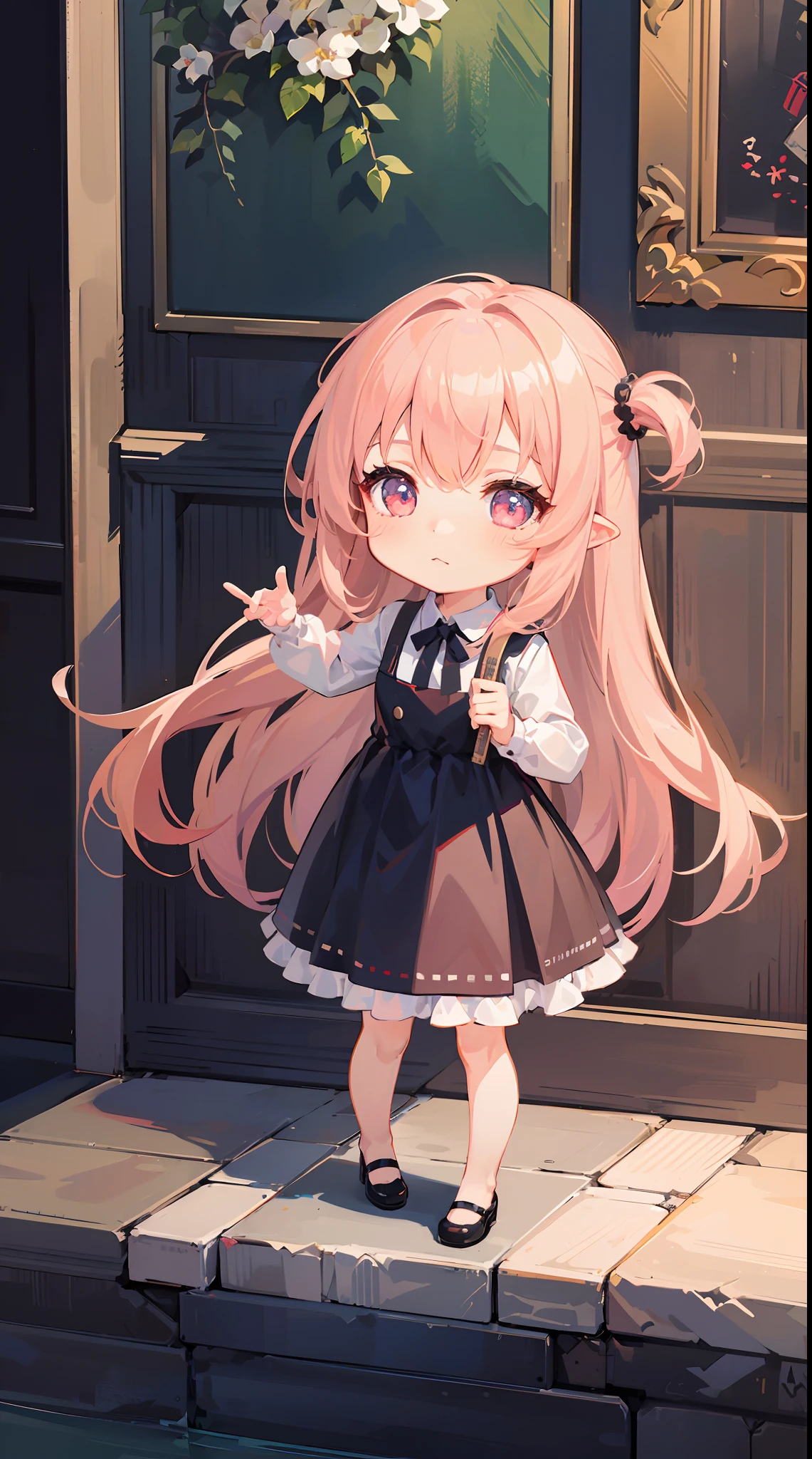 (1girl in, Solo:1.4), Cute, (Chibi:1.6),It depicts a touching moment when a pretty girl tries her hand at painting for the first time。She、Inside the art studio、Standing in front of the canvas、Pick up the brush。In those eyes、Mixed with anticipation and a little anxiety。 In the background、Masterpieces and art tools are meticulously drawn.、They enjoy this special moment even more。It makes you feel the possibilities。 The moment she brought her brush closer to the canvas、Its expression changes completely.。 The first brush transferred color to the canvas、A sense of pure joy and accomplishment spreads across her face。By her creativity、A visual effect that beautifully captivates her to the spot filled with new colors and shapes、 ((Writing line transparency Highest quality Best work Concept art.))、Beautiful illustration, pastel color, Illustration style, Realistic skin feeling, Realistic materials、watercolor paiting, A background with detail, three-dimensionality and depth