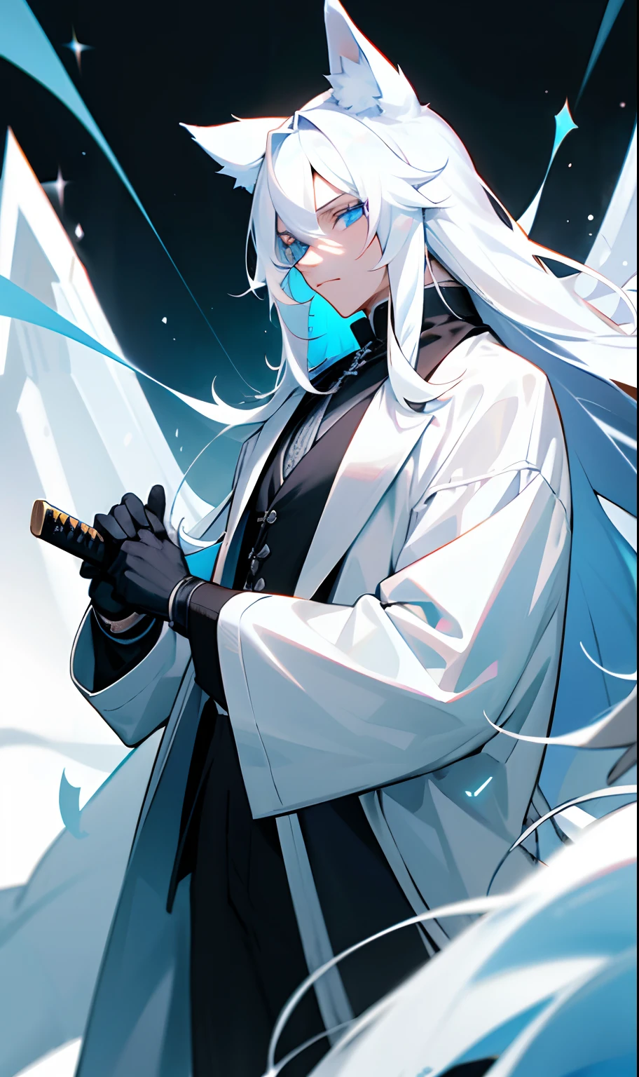 Boy with thick long white hair with wolf ears on his white head and white wolf syrup while and is wearing a white overcoat and a black blouse underneath and has ice around him while he is holding his katana with his left hand and his totally blue eyes