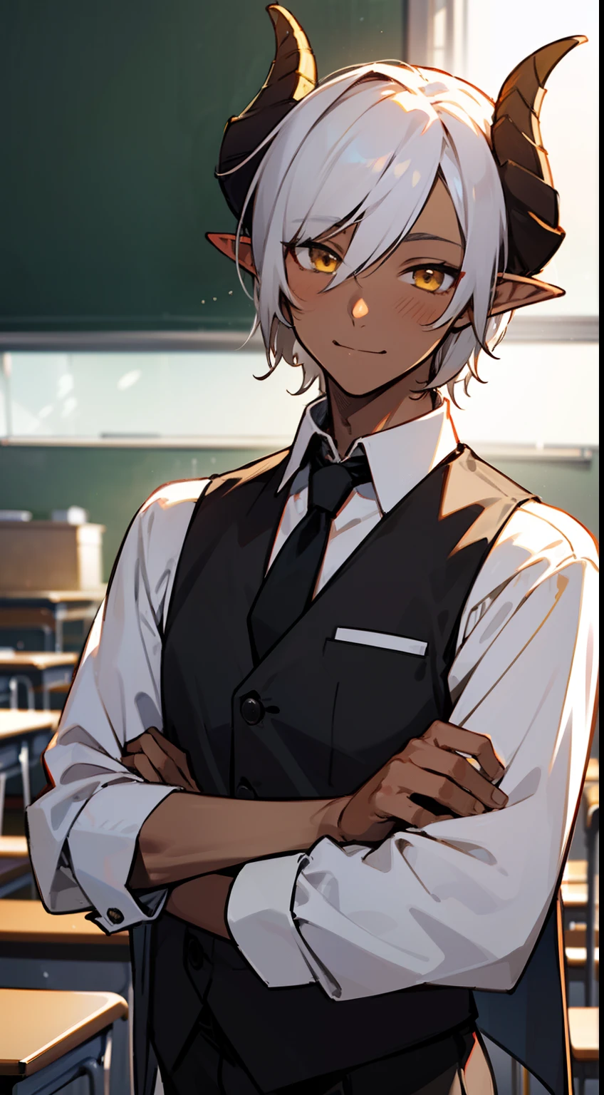 1boy,solo,happy,(dark skin,medium body,male face),white student shirt,black tie,black vest,black pants,Short hair,white hair,yellow eyes,elves ears,black horns,classroom