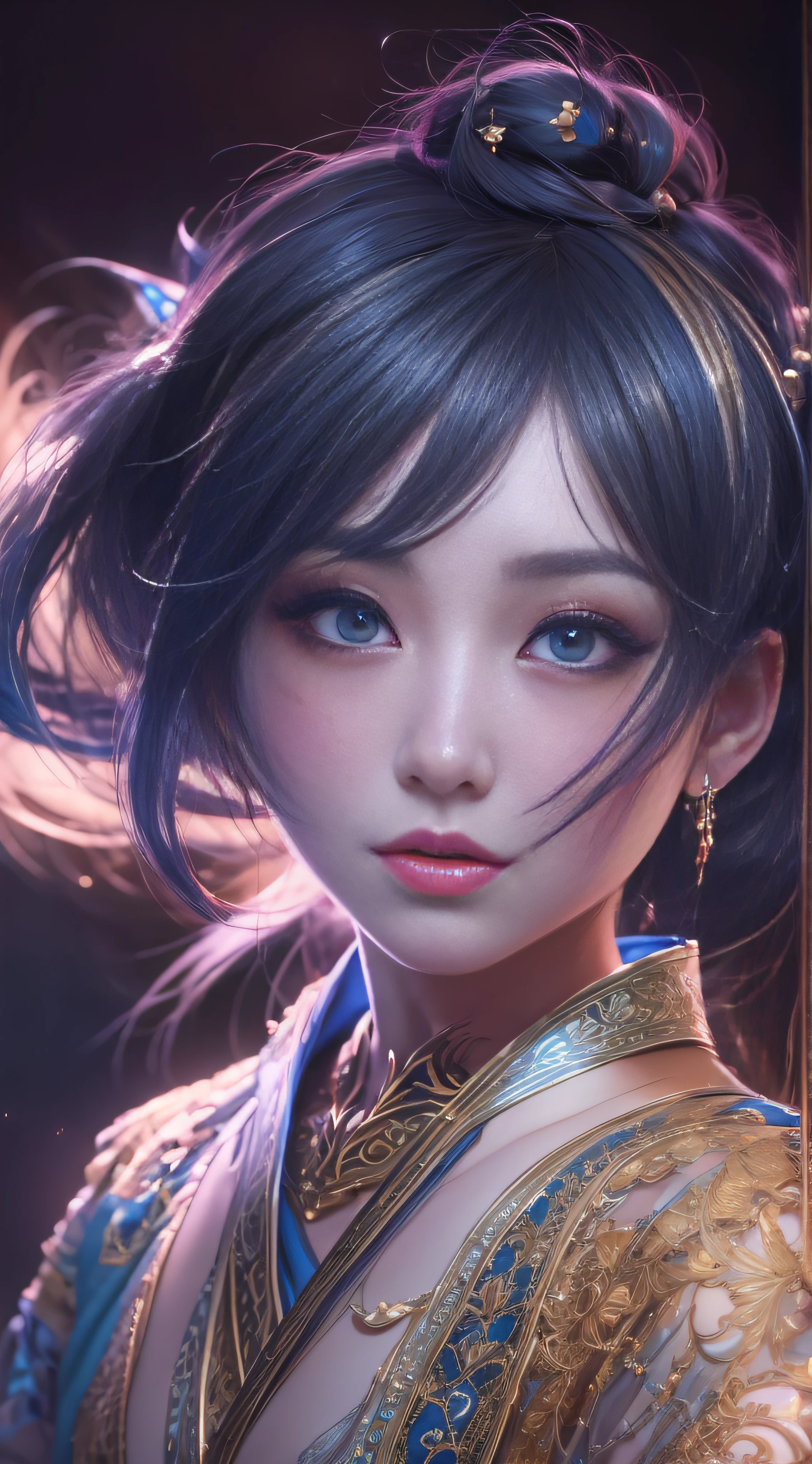 a cute korean large-eyed girl, slender and small face, very glossy and gleam skin, looking at viewer, dark moody quality, Fantasy art, digital art, delicate lines and textures, realistic and rich art, art of imaginative motifs, thighhighs, twintails, gloves, hair bobbles, skirt, hair ornament, long hair, blue hair, blue eyes, open mouth, black hair, japanese clothes, squatting, magical creatures, fantastic landscapes, surrealism, cinematic, rough shadows, vivid colors, Rich colors, light and shadow, three-dimensional lighting, combination of various colors and shades, a lively and deep art, volume lighting, back lighting hair, Film light, dynamic lighting, good anatomy, same makeup for both eyes, eyes are bilateral symmetry, Perfect body proportions, intricate details, highly details