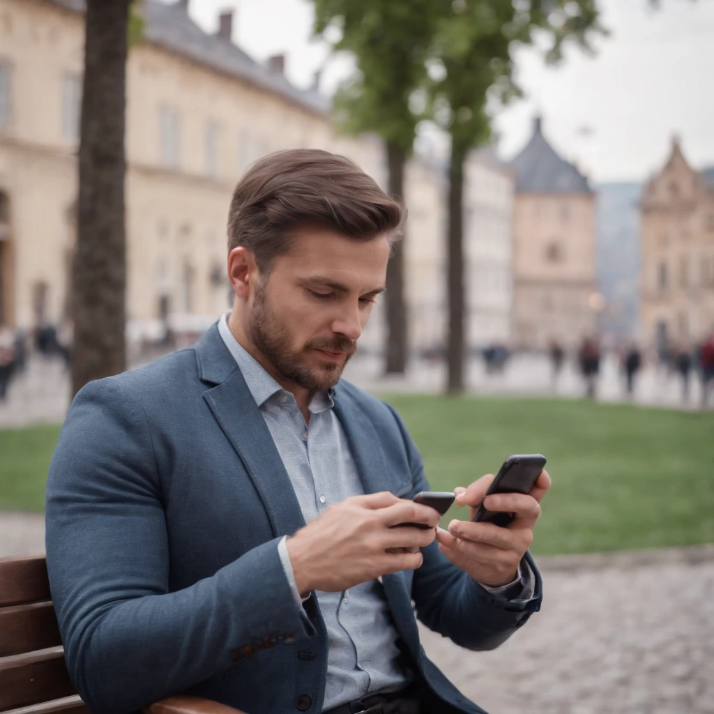 Man sitting on bench in the square fiddling with cell phone