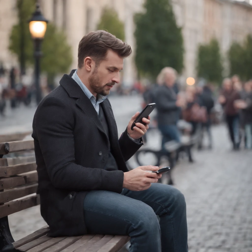 Man sitting on bench in the square fiddling with cell phone