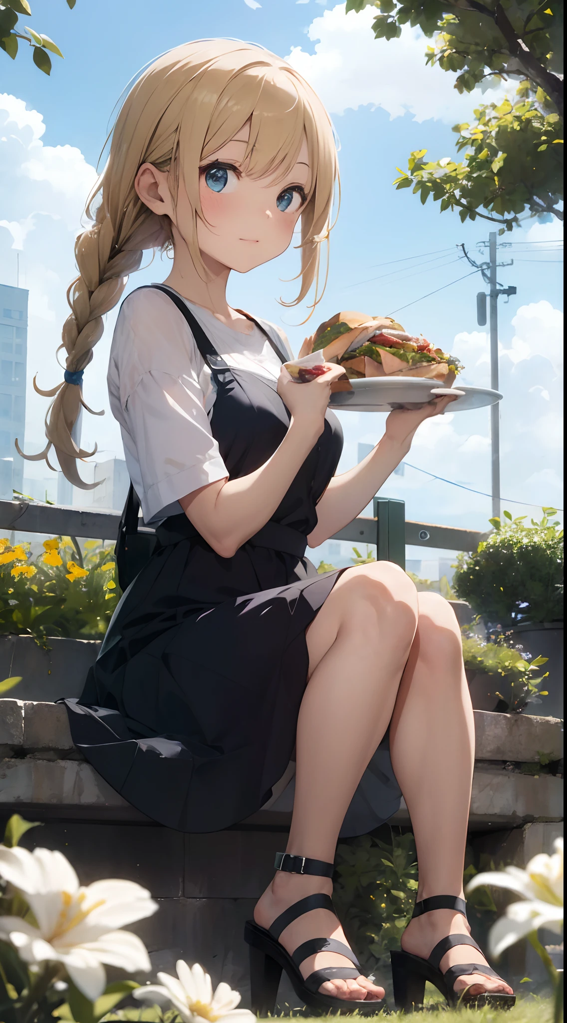 sandwich：Bread with white bread、Ingredients are ham, cheese, lettuce and tomatoes、It is topped with mayonnaise and mustard。The sandwich is cut and、Cross-section is visible。The sandwich is on the plate.、Served with napkins, forks and knives。
girl with：Her hair is blonde and long.、Braided。The face is round and cute。Clothes in white and blue dresses、Has a floral pattern。Shoes in white sandals、Ribbons are attached to the ankles。The girl is sitting、I have a sandwich in my hand.、Eating happily。
scene：There is a beautiful scene floating in the background.、Blue sky, white clouds, green meadow and colorful flowers。The scene is softly painted like a watercolor painting.、It has a dreamy atmosphere。The scene expresses the imagination and sensibility of the girl