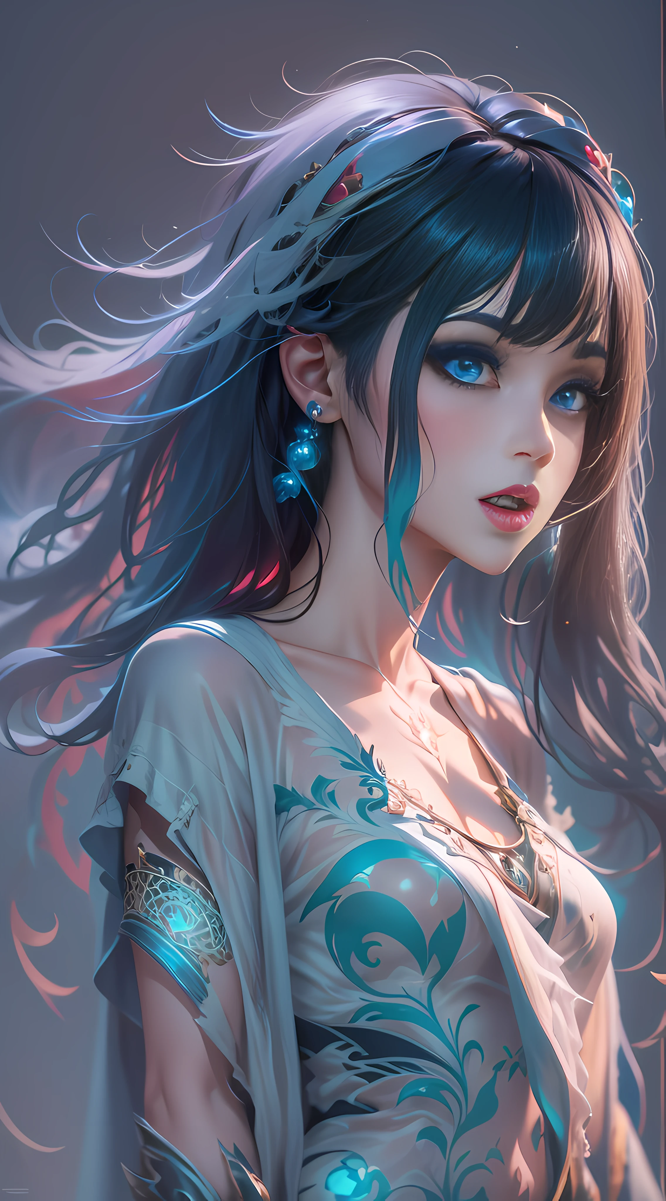 a cute korean large-eyed girl, slender and small face, very glossy and gleam skin, looking at viewer, dark moody quality, Fantasy art, digital art, delicate lines and textures, realistic and rich art, art of imaginative motifs, thighhighs, twintails, gloves, hair bobbles, skirt, hair ornament, long hair, blue hair, blue eyes, open mouth, black hair, japanese clothes, squatting, magical creatures, fantastic landscapes, surrealism, cinematic, rough shadows, vivid colors, Rich colors, light and shadow, three-dimensional lighting, combination of various colors and shades, a lively and deep art, volume lighting, back lighting hair, Film light, dynamic lighting, good anatomy, same makeup for both eyes, eyes are bilateral symmetry, Perfect body proportions, intricate details, highly details