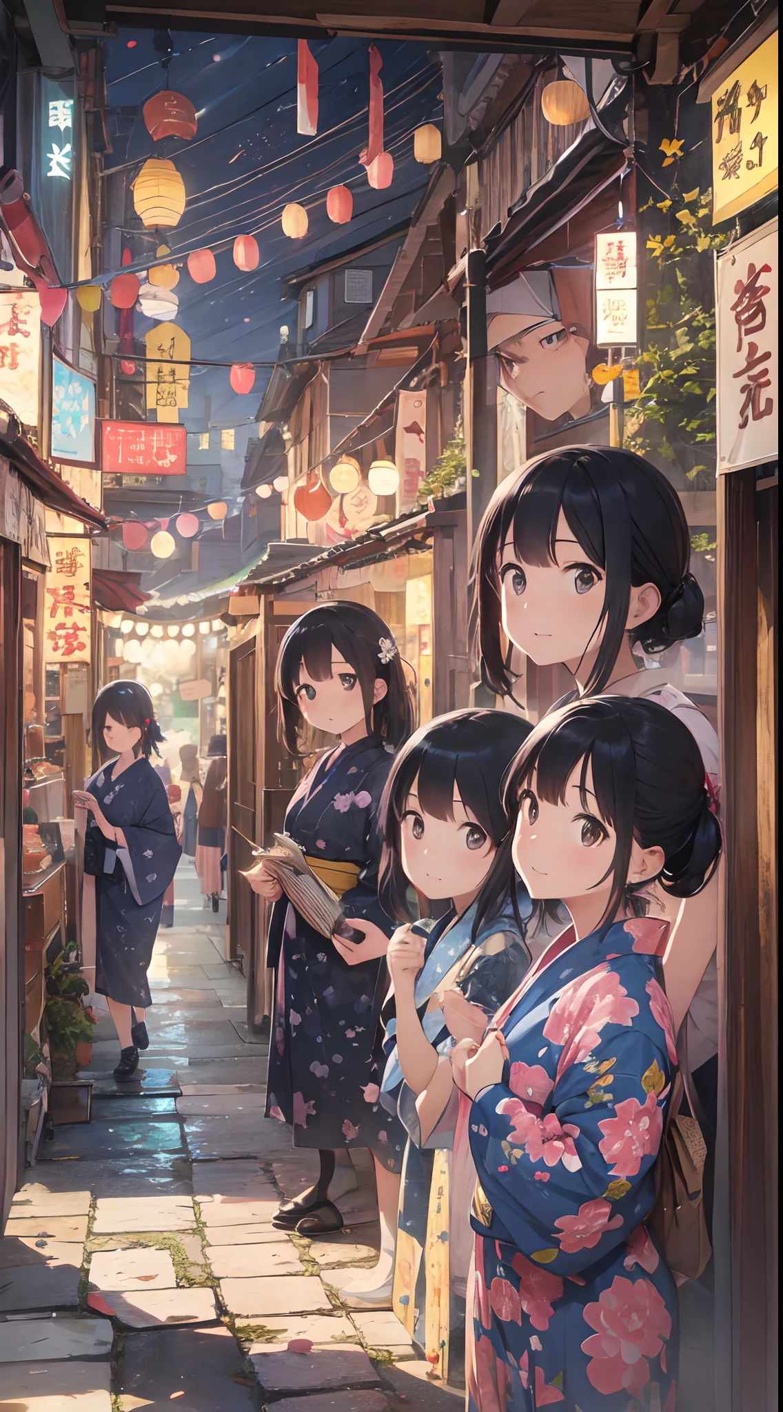 Quality improvement、hightquality、16Kwall-paper、Masterpiece、Meticulous portrayal、Detailed down to the smallest detail、intricate detailes、Backgrounds with depth、Three-dimensional background、Official Art、Best Illustration Award Winner、Effect with people standing out、The best rendition、人物:Two women and one man in yukata、Smiling and walking together、Women in colorful yukata with floral patterns and polka dots、Men wear dark blue yukata、There are also small items such as hair ornaments and lanterns Background:Fireworks are set off in the night sky、A lively summer festival with food stalls and lanterns、You can feel the atmosphere of crowds and festivals Impact:The color and shape of the fireworks are different々Eye-catching with、The facial expressions and poses of the people are fun and empathetic.、The details of the stalls and lanterns are detailed and realistic.、Beautiful contrast between light and shadow