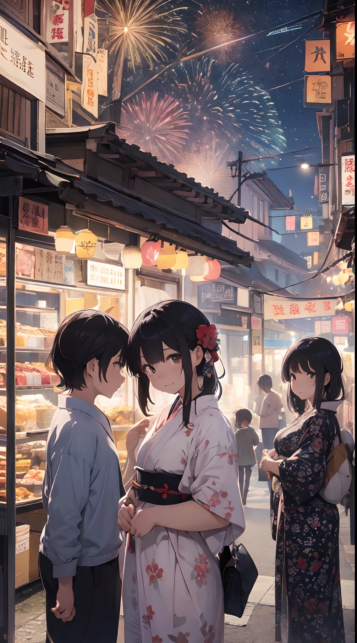 Quality improvement、hightquality、１６Ｋwall-paper、Masterpiece、Meticulous portrayal、Detailed down to the smallest detail、intricate detailes、Backgrounds with depth、Three-dimensional background、Official Art、Best Illustration Award Winner、Effect with people standing out、The best rendition、人物：Two women and one man in yukata、Smiling and walking together、Women in colorful yukata with floral patterns and polka dots、Men wear dark blue yukata、There are also small items such as hair ornaments and lanterns Background：Fireworks are set off in the night sky、A lively summer festival with food stalls and lanterns、You can feel the atmosphere of crowds and festivals Impact：The color and shape of the fireworks are different々Eye-catching with、The facial expressions and poses of the people are fun and empathetic.、The details of the stalls and lanterns are detailed and realistic.、Beautiful contrast between light and shadow