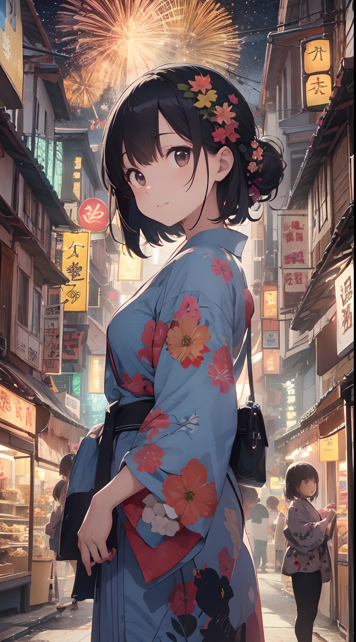 Quality improvement、hightquality、１６Ｋwall-paper、Masterpiece、Meticulous portrayal、Detailed down to the smallest detail、intricate detailes、Backgrounds with depth、Three-dimensional background、Official Art、Best Illustration Award Winner、Effect with people standing out、The best rendition、人物：Two women and one man in yukata、Smiling and walking together、Women in colorful yukata with floral patterns and polka dots、Men wear dark blue yukata、There are also small items such as hair ornaments and lanterns Background：Fireworks are set off in the night sky、A lively summer festival with food stalls and lanterns、You can feel the atmosphere of crowds and festivals Impact：The color and shape of the fireworks are different々Eye-catching with、The facial expressions and poses of the people are fun and empathetic.、The details of the stalls and lanterns are detailed and realistic.、Beautiful contrast between light and shadow
