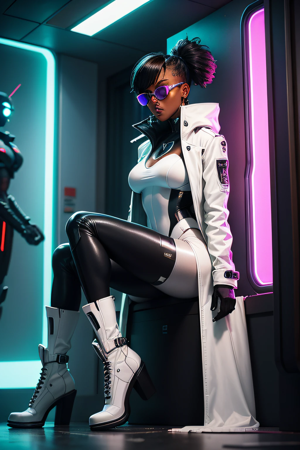 Toned black woman wearing a white seethru white leotard and cyberpunk long coat, futuristic sunglasses and pantyhose, combat boots. Robot dog sitting beside her in cyberpunk hallway with neon light