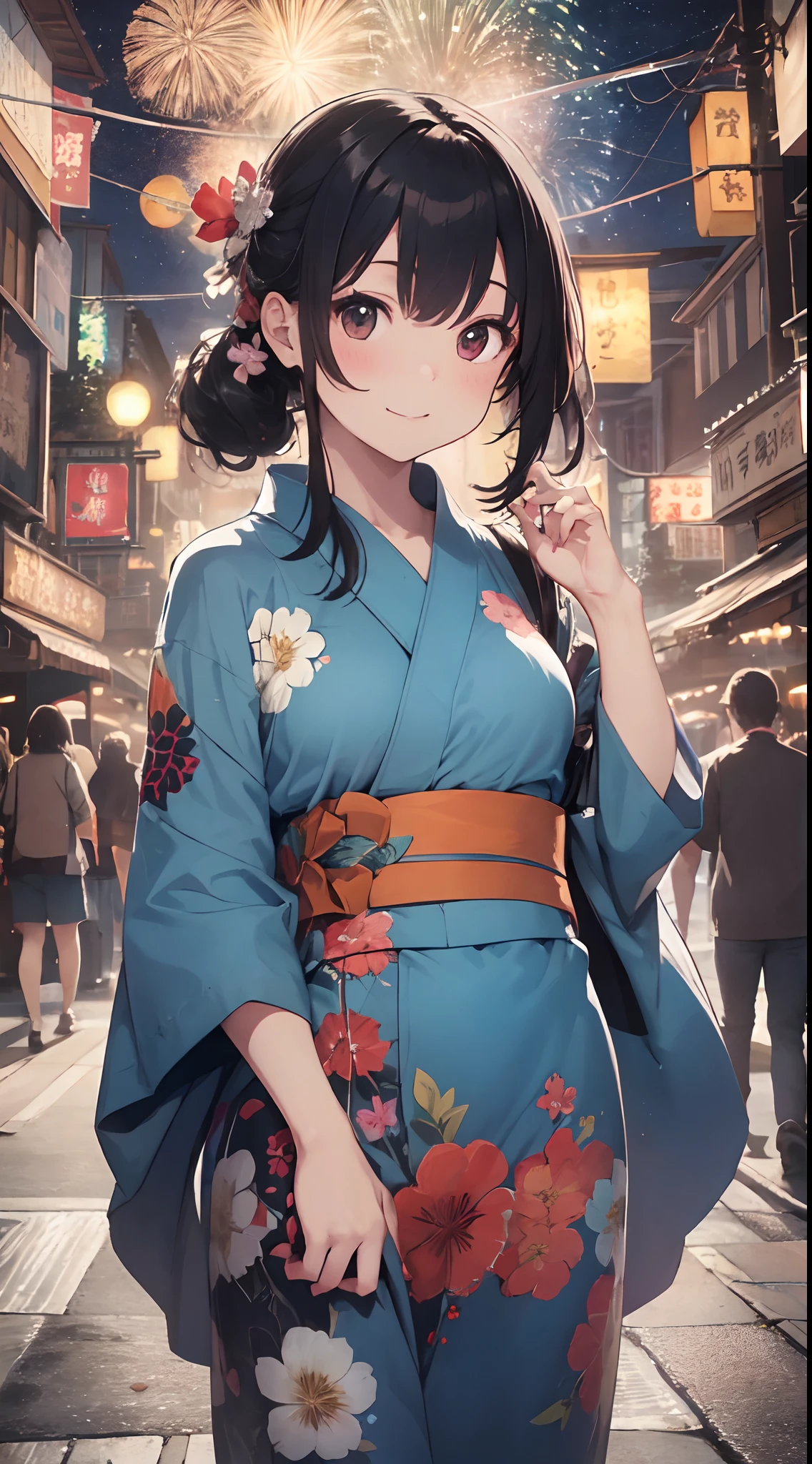 Quality improvement、hightquality、16Kwall-paper、Masterpiece、Meticulous portrayal、Detailed down to the smallest detail、intricate detailes、Backgrounds with depth、Three-dimensional background、Official Art、Best Illustration Award Winner、Effect with people standing out、The best rendition、人物:Two women and one man in yukata、Smiling and walking together、Women in colorful yukata with floral patterns and polka dots、Men wear dark blue yukata、There are also small items such as hair ornaments and lanterns Background:Fireworks are set off in the night sky、A lively summer festival with food stalls and lanterns、You can feel the atmosphere of crowds and festivals Impact:The color and shape of the fireworks are different々Eye-catching with、The facial expressions and poses of the people are fun and empathetic.、The details of the stalls and lanterns are detailed and realistic.、Beautiful contrast between light and shadow