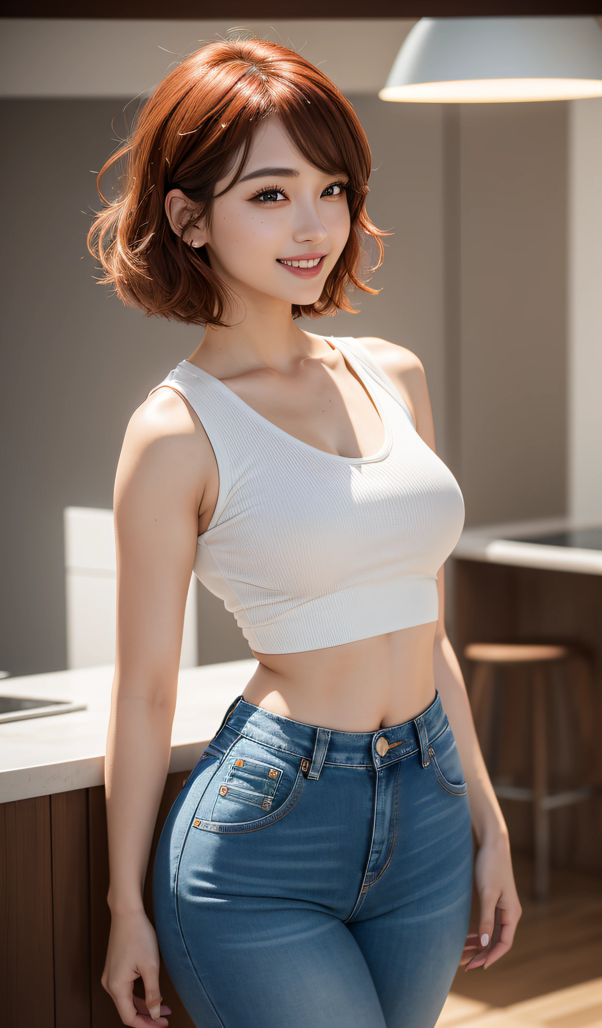 8K, Masterpiece, RAW photo, Best quality, Photorealistic, Extremely detailed CG unifies 8K, 8K, Diamond, and wallpaper, Depth of field, Cinematic light, Lens flare, Ray tracing, Super sexy Maria dressed (Low-cut and tight (Ultra-short,denim hot-pants)),((full bodyesbian)),((Long legs)), (thigh gap:1.5),(big assa),Pretty Korean girl, Kpop idol, 1 girl, (Very slim and slender muscular body:1.3), ((view the viewer)),(Big smile:1.3),(big assa),((White crop top top:1.5) Vest with exposed neckline), Short hair, Red hair, photorealestic, photography of, (A high resolution), (realisticlying:1.4), (very intricate), (exquisitedetails), highly detailed, A high resolution, Original, Extremely detailed 8k wallpaper, best qualtiy, 详细的脸, ultra - detailed, RAW photogr, realisticlying, (Extremely beautiful face, Beautiful lips, Beautiful eyes), intricate detail face, ((ultra detailed skin),(Low-cut and tight (Flare Jeans)),(thigh gap:1.5),(big assa), (view the viewer:1.3) Short hair, Red hair,open breast, Very slim, Medium breasts, Turn Back, Back shot, , underwear