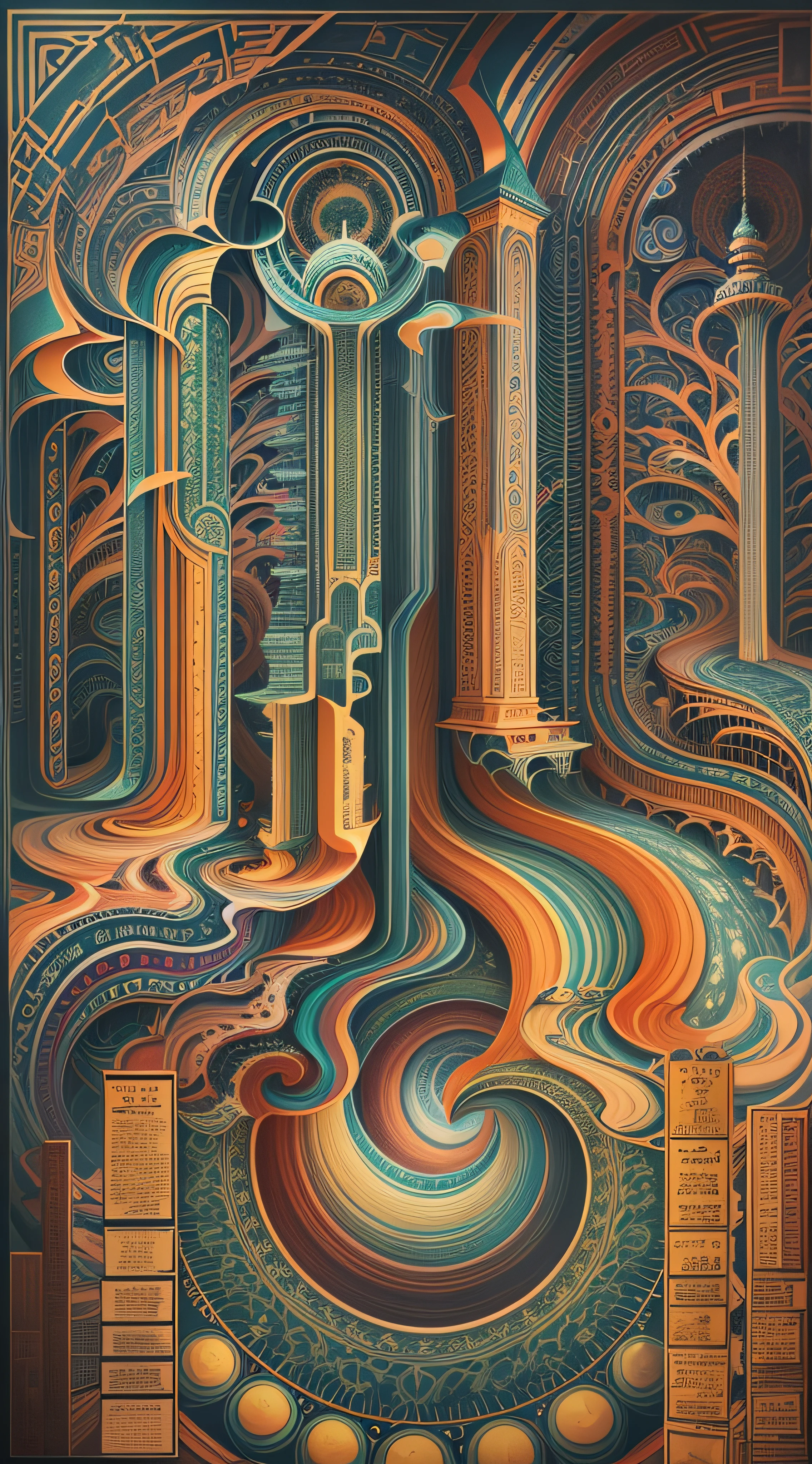 Call To The Maze, Enter the mystic labyrinth, where time turns to paper and illusion is untangled by paintbrush. A surreal journey awaits, where perspectives meld and diverge in a dance of symmetry. A riot of colors cascades through each twist and turn, revealing hidden worlds within. Geometry gives birth to an ethereal narrative, where abstract notions collide with vivid dreamscape. Navigate the shadows with textured strokes and explore the ethereal realm. Created by the enigmatic artist, Johfra Bosschart, Mysterious