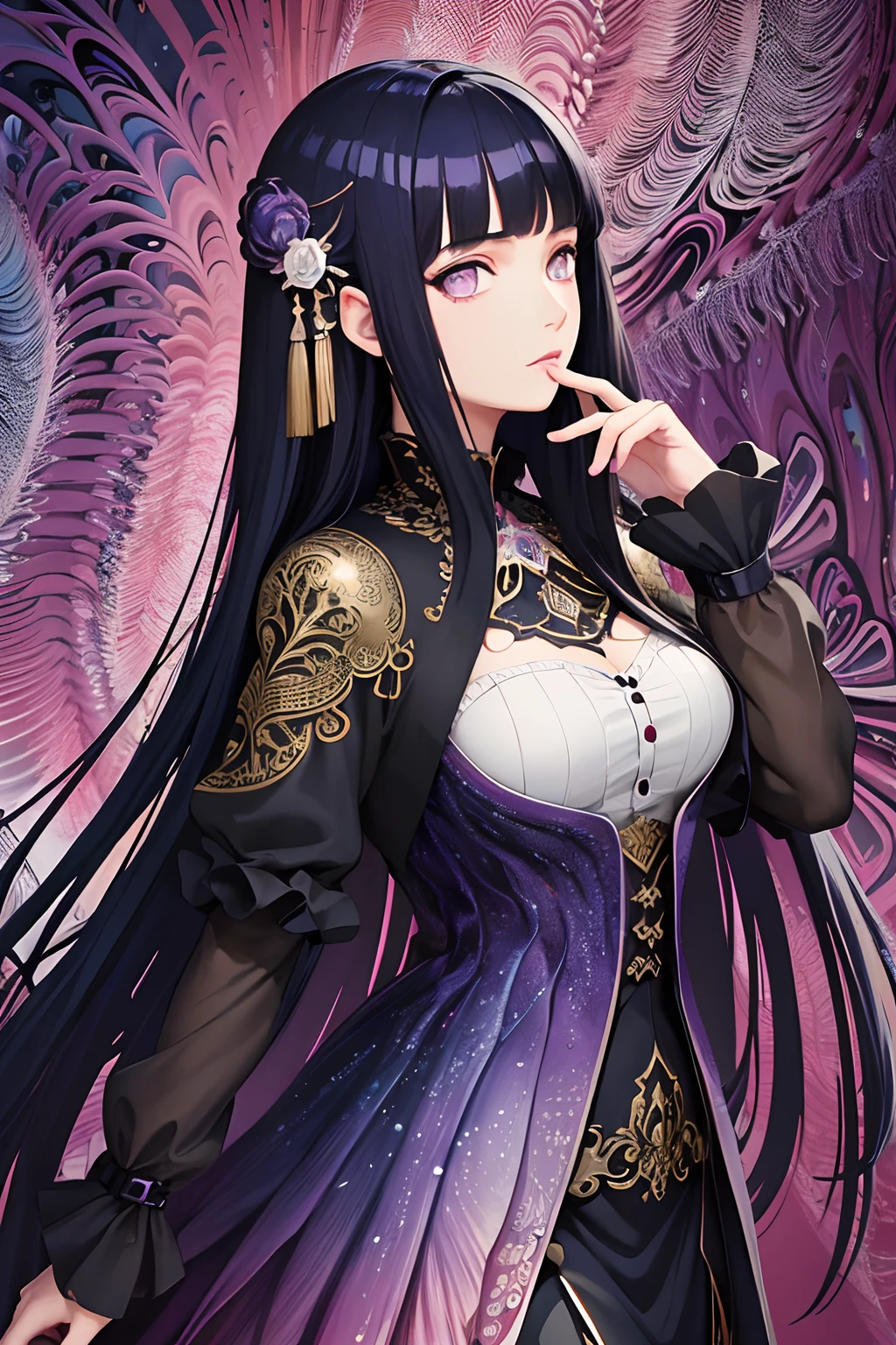(masterpiece, top quality, best quality, official art, beautiful and aesthetic:1.2), (1girl:1.3), extreme detailed,(fractal art:1.3),colorful,highest detailed,Blunt Bangs, purple eyes, long dark blue hair