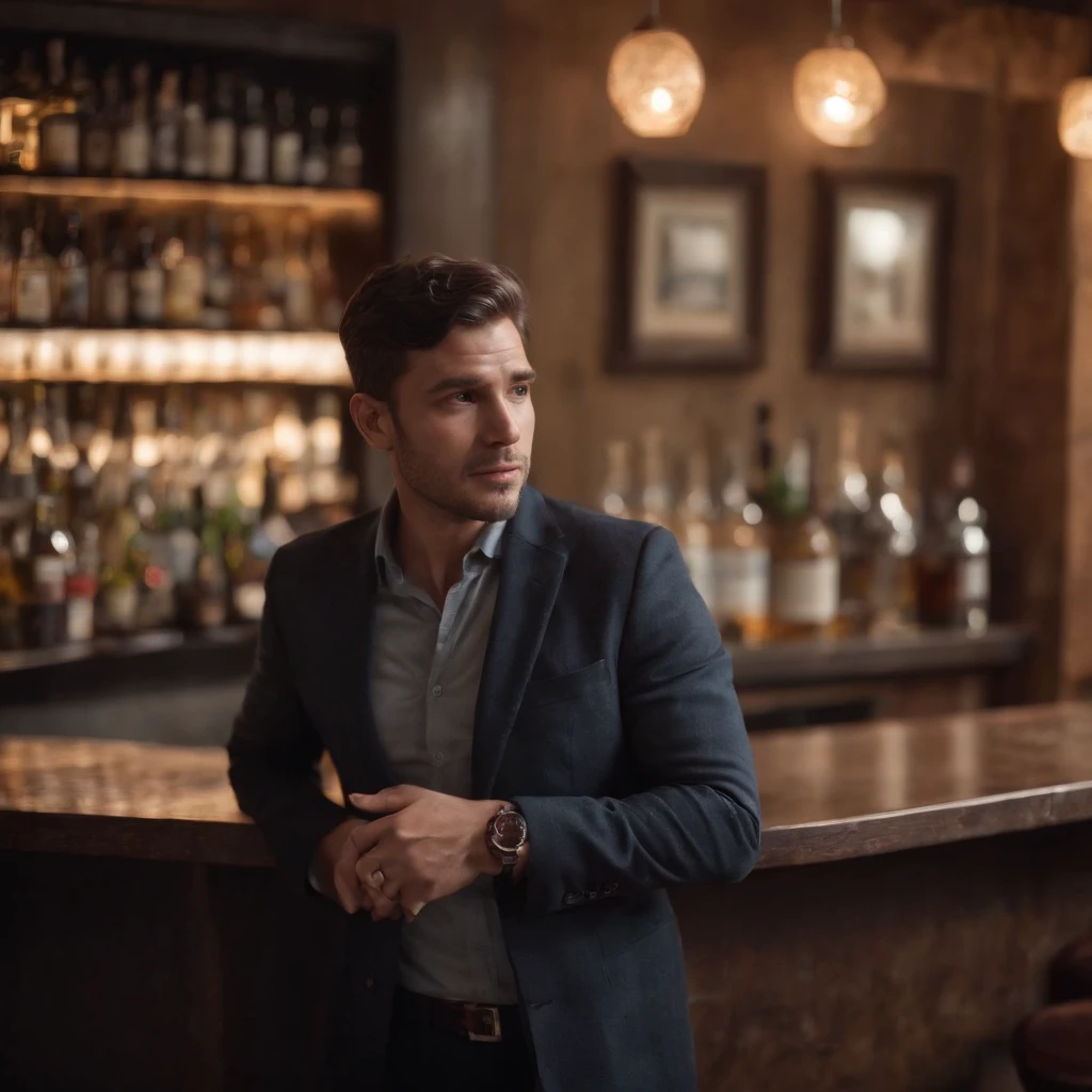 light and bright, 8k, waist length photo of a 25-year-old with brown hair and no beard, detailed intricate, realistic texture, dynamic composition, high contrast, man works at the bar