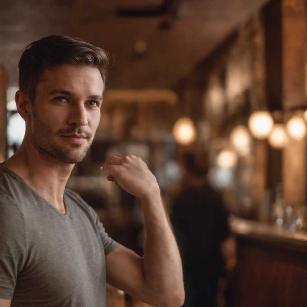 Man standing in front of a bar with his hand in his pocket looking out the window