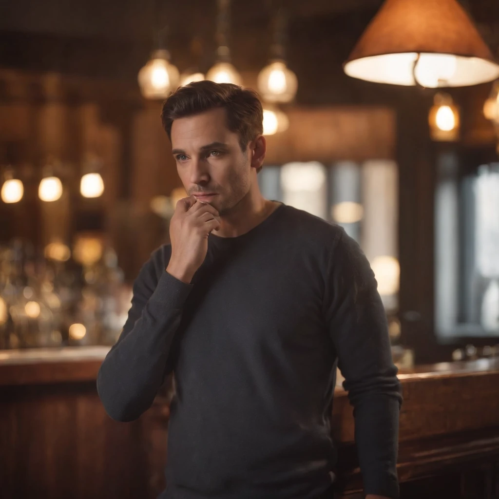 Man standing in front of a bar with his hand in his pocket looking out the window