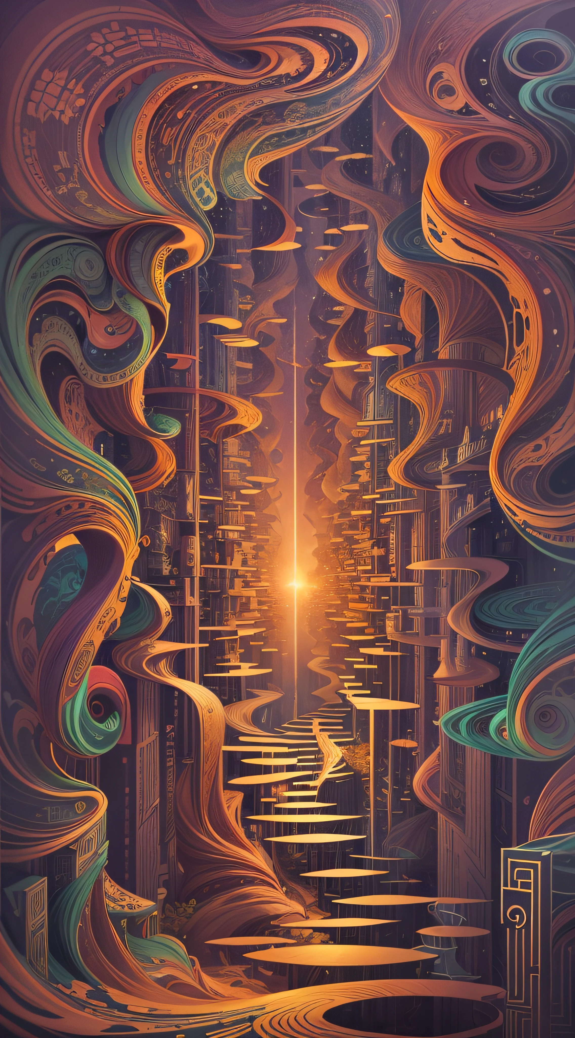 Call To The Maze, Enter the mystic labyrinth, where time turns to paper and illusion is untangled by paintbrush. A surreal journey awaits, where perspectives meld and diverge in a dance of symmetry. A riot of colors cascades through each twist and turn, revealing hidden worlds within. Geometry gives birth to an ethereal narrative, where abstract notions collide with vivid dreamscape. Navigate the shadows with textured strokes and explore the ethereal realm. Created by the enigmatic artist, Johfra Bosschart, Mysterious
