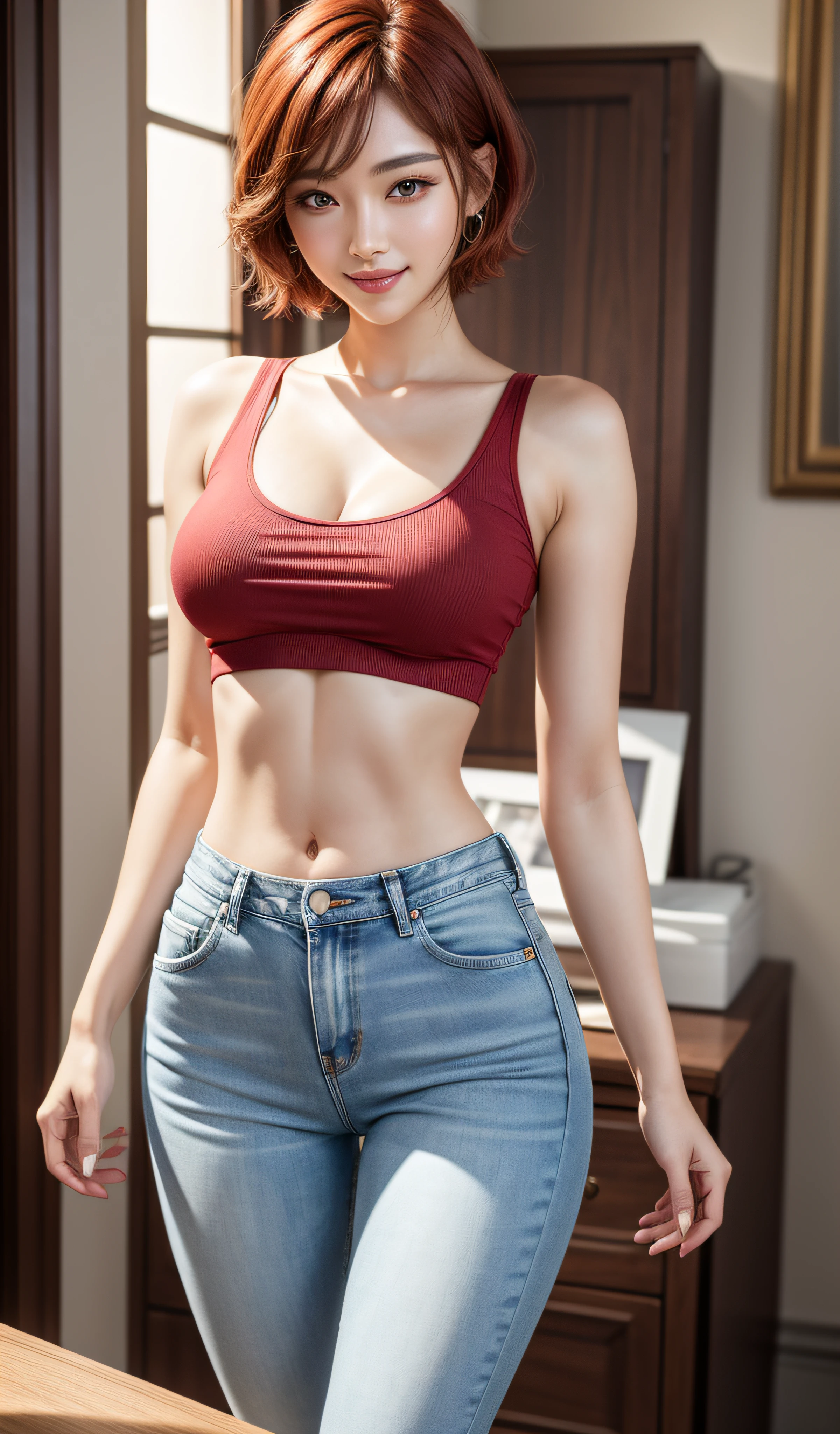 8K, Masterpiece, RAW photo, Best quality, Photorealistic, Extremely detailed CG unifies 8K, 8K, Diamond, and wallpaper, Depth of field, Cinematic light, Lens flare, Ray tracing, Super sexy Maria dressed （Low-cut and tight （Ultra-short，denim hot-pants）），((full bodyesbian)),((Long legs)), （thigh gap：1.5），（big assa），Pretty Korean girl, Kpop idol, 1 girl, (Very slim and slender muscular body:1.3), ((view the viewer)),(Big smile:1.3),（big assa），（（White crop top top：1.5） Vest with exposed neckline）， Short hair, Red hair， photorealestic， photography of， （A high resolution）， （realisticlying：1.4）， （very intricate）， （exquisitedetails）， highly  detailed， A high resolution， Original， Extremely detailed 8k wallpaper， best qualtiy， 详细的脸， ultra - detailed， RAW photogr， realisticlying， (Extremely beautiful face, Beautiful lips, Beautiful eyes), intricate detail face, ((ultra detailed skin)，（Low-cut and tight （Flare Jeans）），（thigh gap：1.5），（big assa）， (view the viewer:1.3) Short hair, Red hair，open breast, Very slim, Medium breasts, Turn Back, Back shot, , underwear