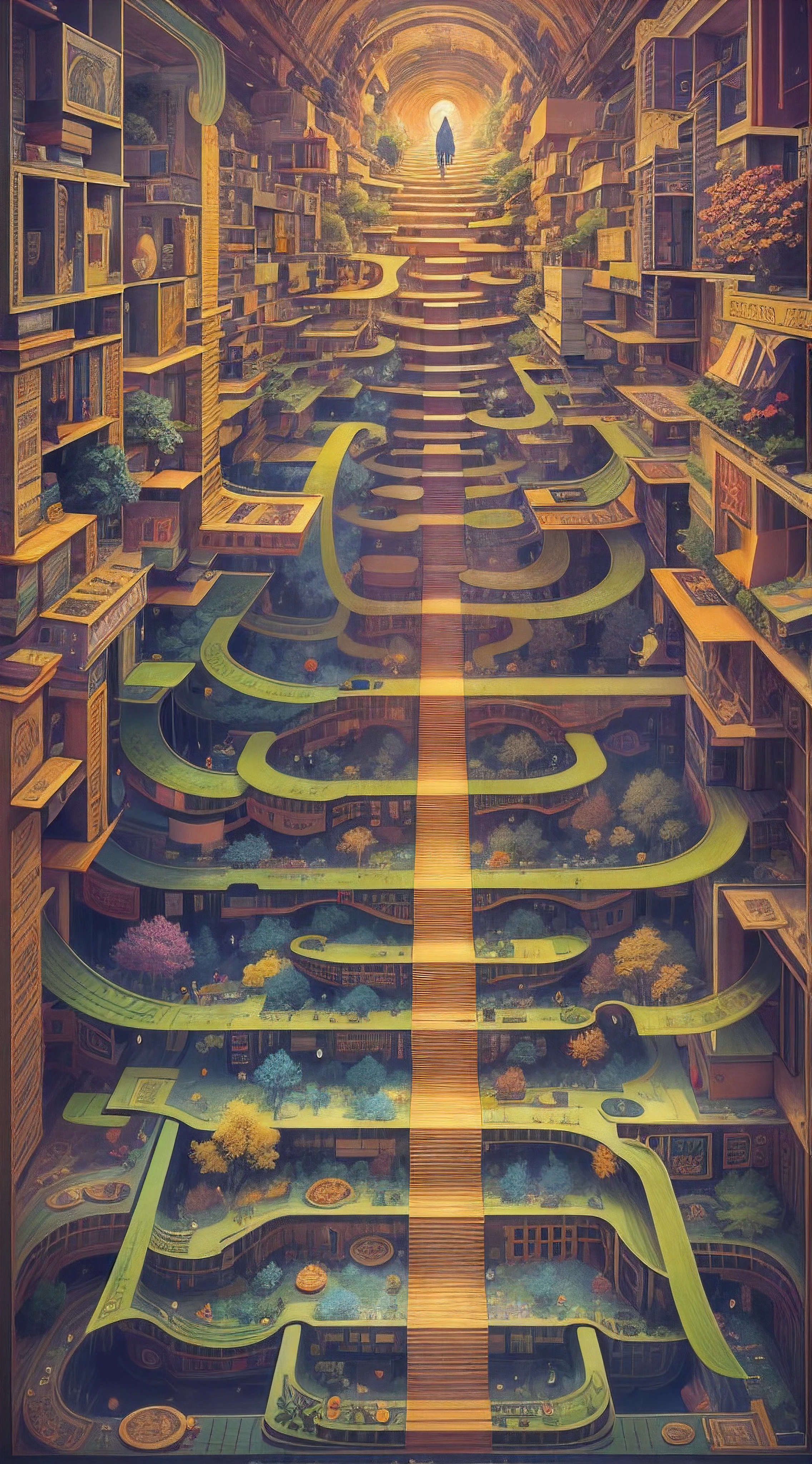 Call To The Maze, Enter the mystic labyrinth, where time turns to paper and illusion is untangled by paintbrush. A surreal journey awaits, where perspectives meld and diverge in a dance of symmetry. A riot of colors cascades through each twist and turn, revealing hidden worlds within. Geometry gives birth to an ethereal narrative, where abstract notions collide with vivid dreamscape. Navigate the shadows with textured strokes and explore the ethereal realm. Created by the enigmatic artist, Johfra Bosschart, Mysterious