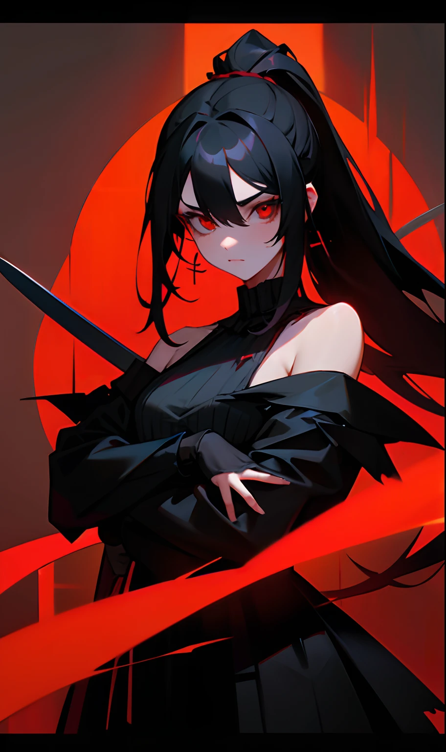 Girl with long black hair up to her neck wearing a torn black blouse at her shoulders while holding two swords and in her eyes red letters of the Greek hour