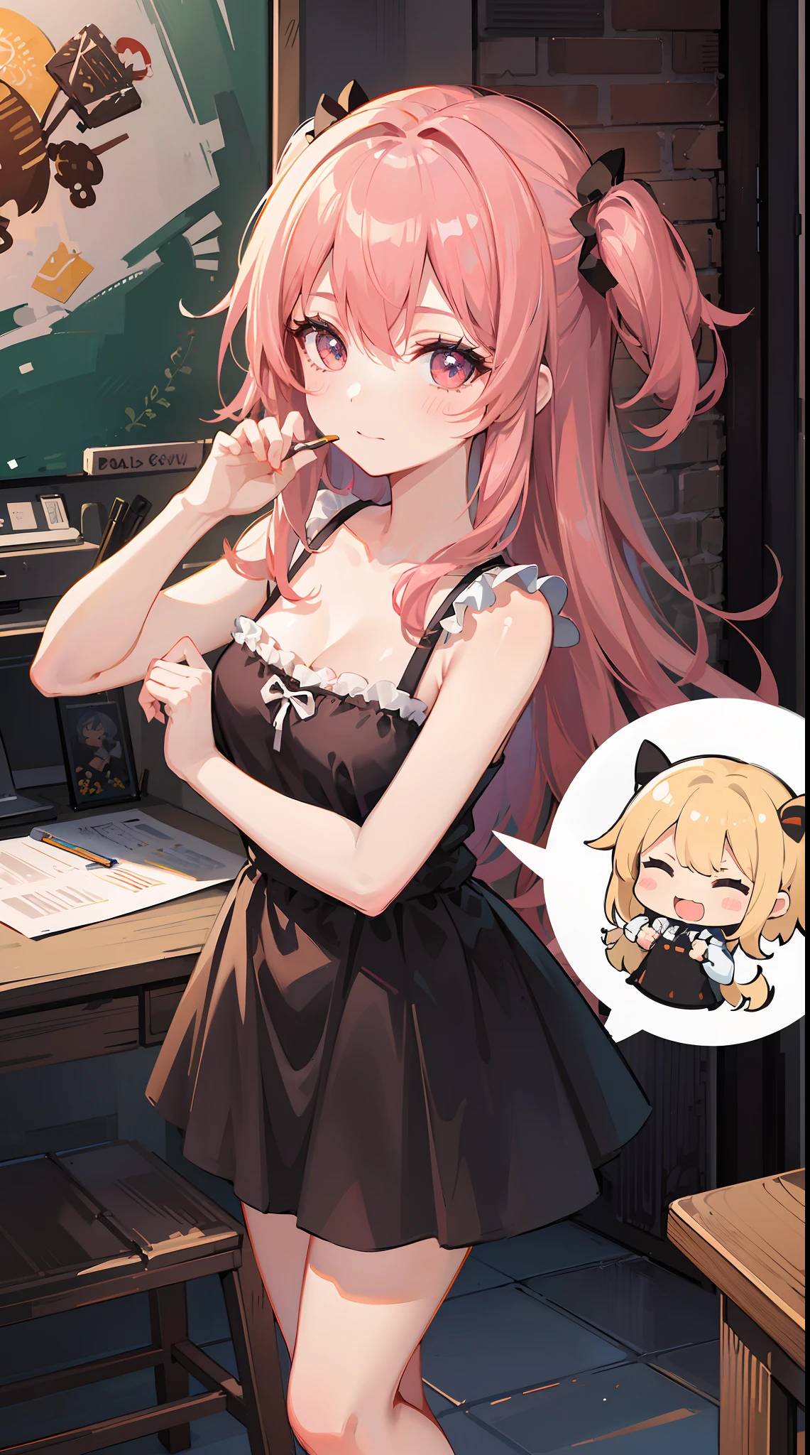 (1girl in, Solo:1.4), Cute, (Chibi:1.6),It depicts a touching moment when a pretty girl tries her hand at painting for the first time。She、Inside the art studio、Standing in front of the canvas、Pick up the brush。In those eyes、Mixed with anticipation and a little anxiety。 In the background、Masterpieces and art tools are meticulously drawn.、They enjoy this special moment even more。It makes you feel the possibilities。 The moment she brought her brush closer to the canvas、Its expression changes completely.。 The first brush transferred color to the canvas、A sense of pure joy and accomplishment spreads across her face。By her creativity、A visual effect that beautifully captivates her to the spot filled with new colors and shapes、 ((Writing line transparency Highest quality Best work Concept art.))、Beautiful illustration, pastel color, Illustration style, Realistic skin feeling, Realistic materials、watercolor paiting, A background with detail, three-dimensionality and depth