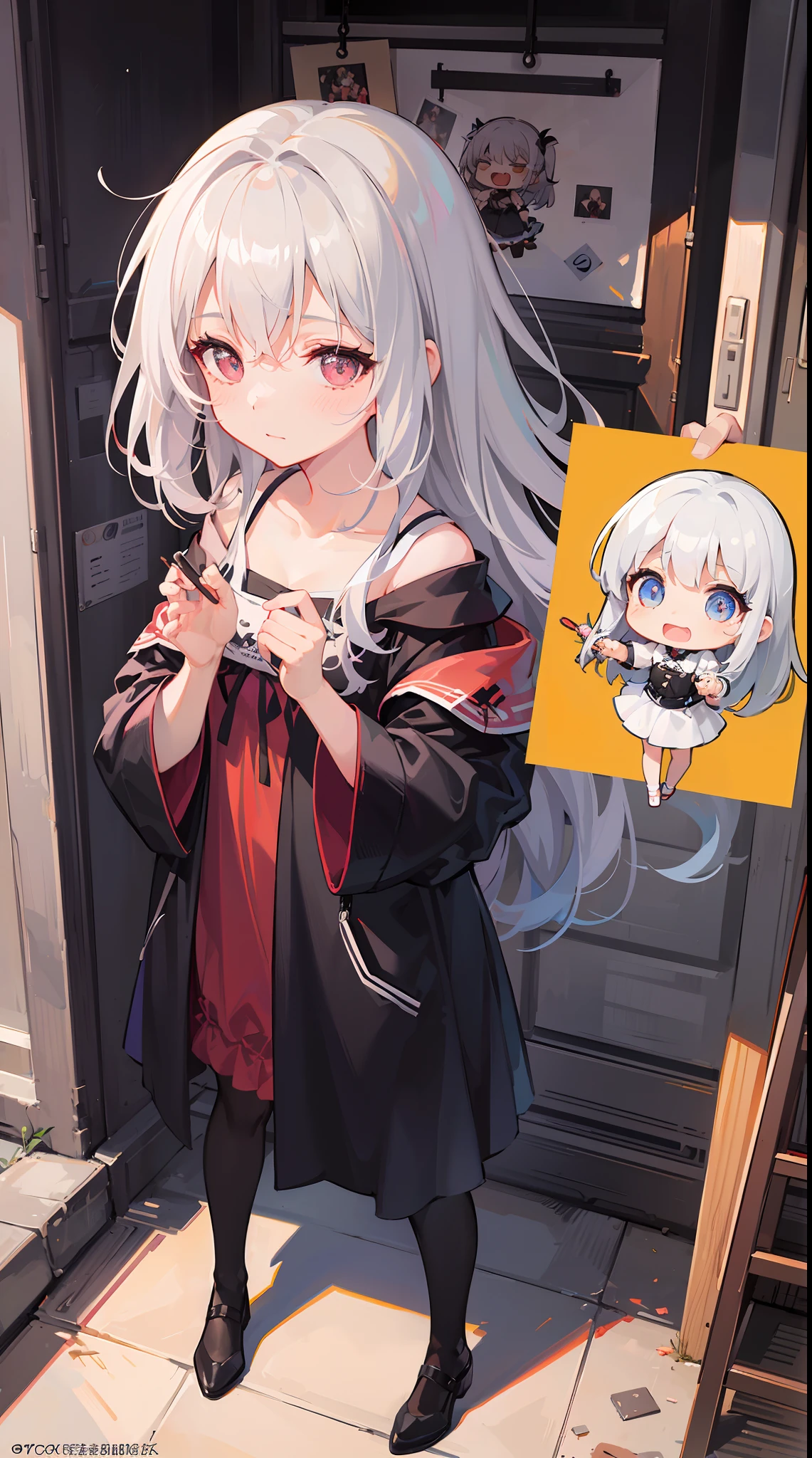 (1girl in, Solo:1.4), Cute, (Chibi:1.6),It depicts a touching moment when a pretty girl tries her hand at painting for the first time。She、Inside the art studio、Standing in front of the canvas、Pick up the brush。In those eyes、Mixed with anticipation and a little anxiety。 In the background、Masterpieces and art tools are meticulously drawn.、They enjoy this special moment even more。It makes you feel the possibilities。 The moment she brought her brush closer to the canvas、Its expression changes completely.。 The first brush transferred color to the canvas、A sense of pure joy and accomplishment spreads across her face。By her creativity、A visual effect that beautifully captivates her to the spot filled with new colors and shapes、 ((Writing line transparency Highest quality Best work Concept art.))、Beautiful illustration, pastel color, Illustration style, Realistic skin feeling, Realistic materials、watercolor paiting, A background with detail, three-dimensionality and depth