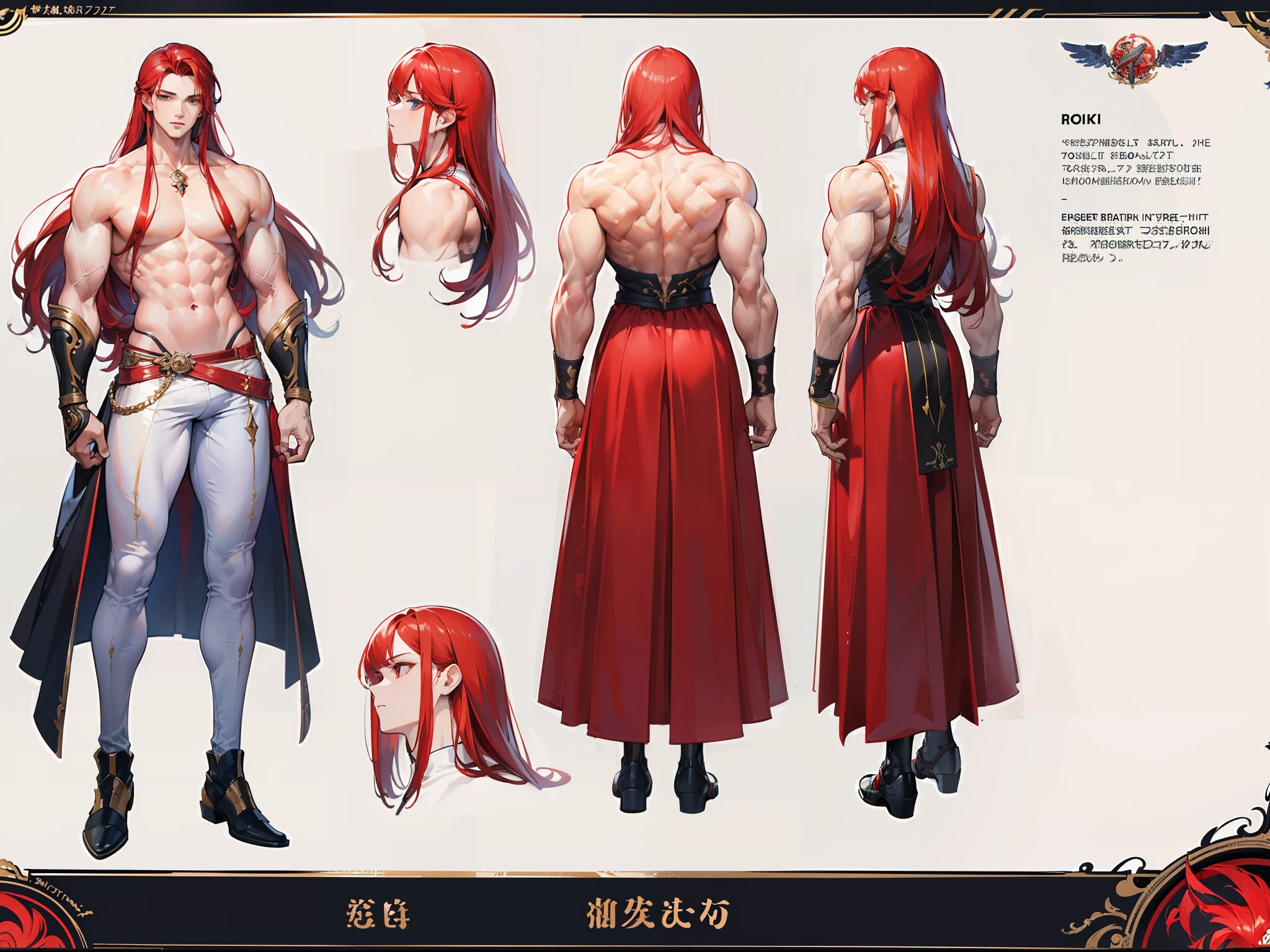 ((Masterpiece, Highest quality)), Detailed face, character design sheet， full bodyesbian, Full of details, frontal body view, back body view, Highly detailed, Depth, Many parts, Muscle boy with long red hair with long bangs，handsome man, muscle body, white outfit male gods, man tall