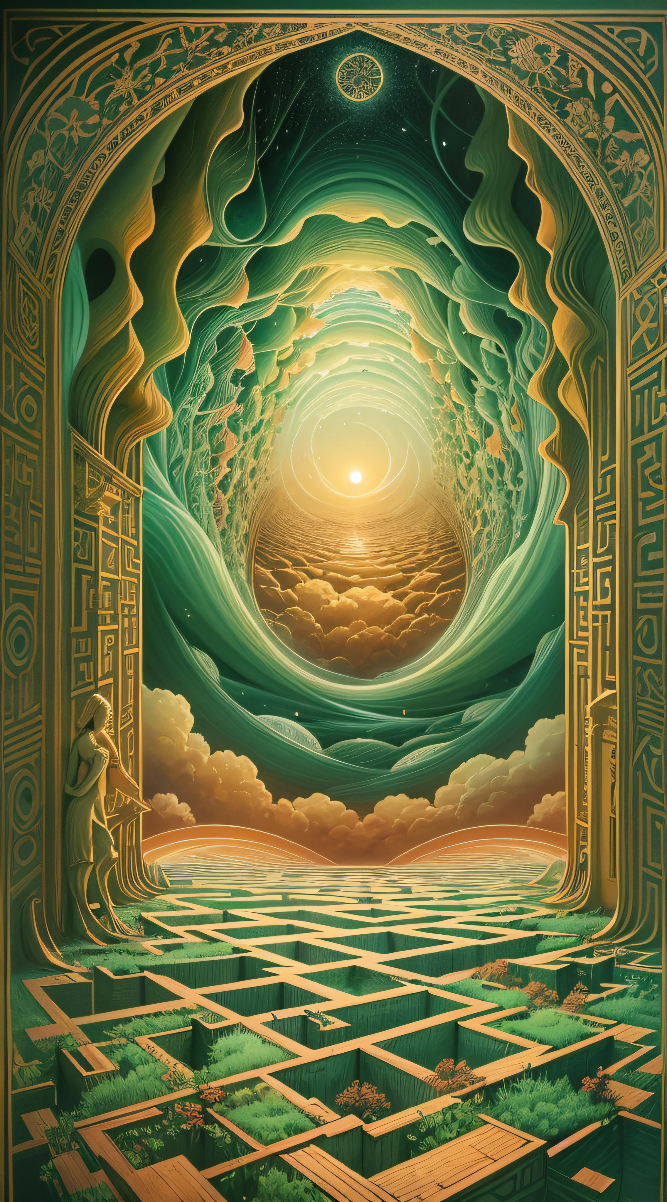 Call To The Maze, Enter the mystic labyrinth, where time turns to paper and illusion is untangled by paintbrush. A surreal journey awaits, where perspectives meld and diverge in a dance of symmetry. A riot of colors cascades through each twist and turn, revealing hidden worlds within. Geometry gives birth to an ethereal narrative, where abstract notions collide with vivid dreamscape. Navigate the shadows with textured strokes and explore the ethereal realm. Created by the enigmatic artist, Johfra Bosschart, Mysterious