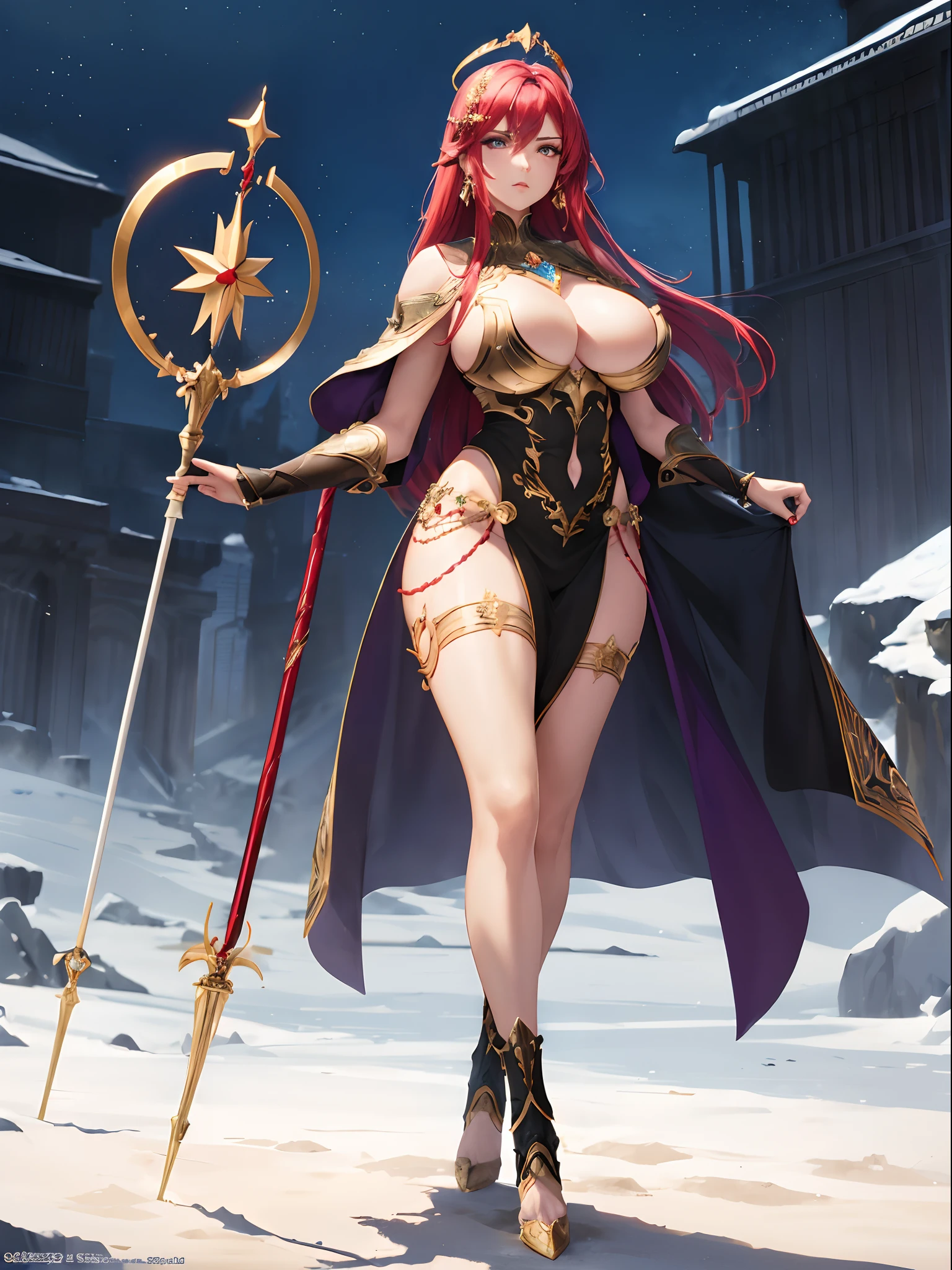 (masterpiece, best quality), adult women with sexy battle armor style, futuristic decorate halo style crown at head, (holding 1 decorated magical staff), muscular thicc body, closed mouth, medium cut hair, crimson hair color, bangs, HD delicated face, gigantic body figure, tall woman, large gigantic breasts, big ass, angry facial, largest areola, (invisible nipple and genital line), love shape tattoo pubic, walking away, full body view